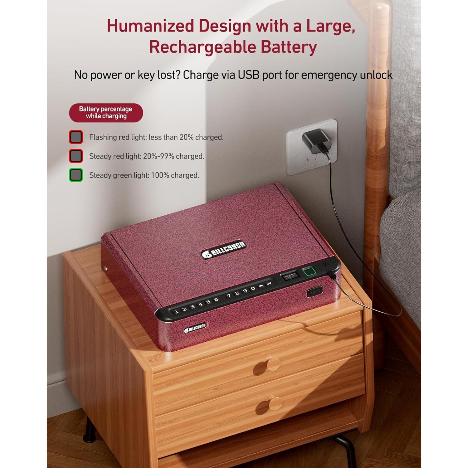 Caja Fuerte Biométrica BILLCONCH para Armas - Rojo, 4 Métodos de Acceso