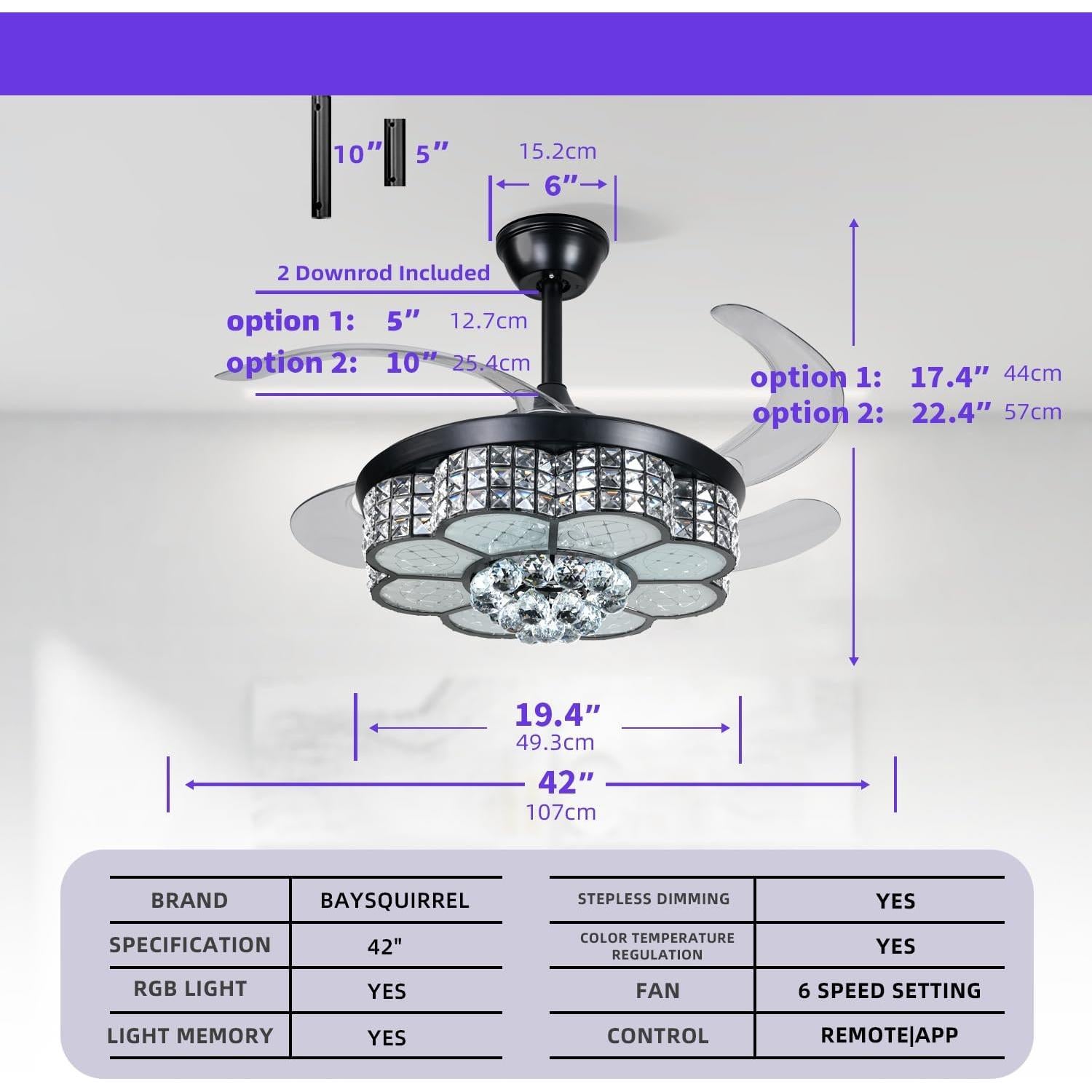Ventilador de Techo Retráctil BAYSQUIRREL 106.68 cm con Luz RGB-LED