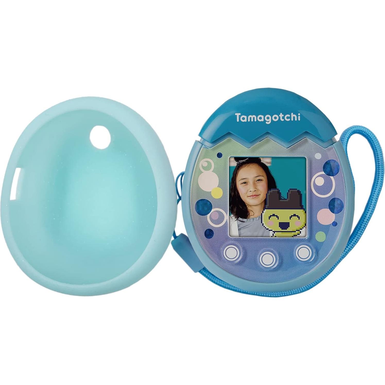 Cubierta de silicona azul y cordón para Tamagotchi Pix