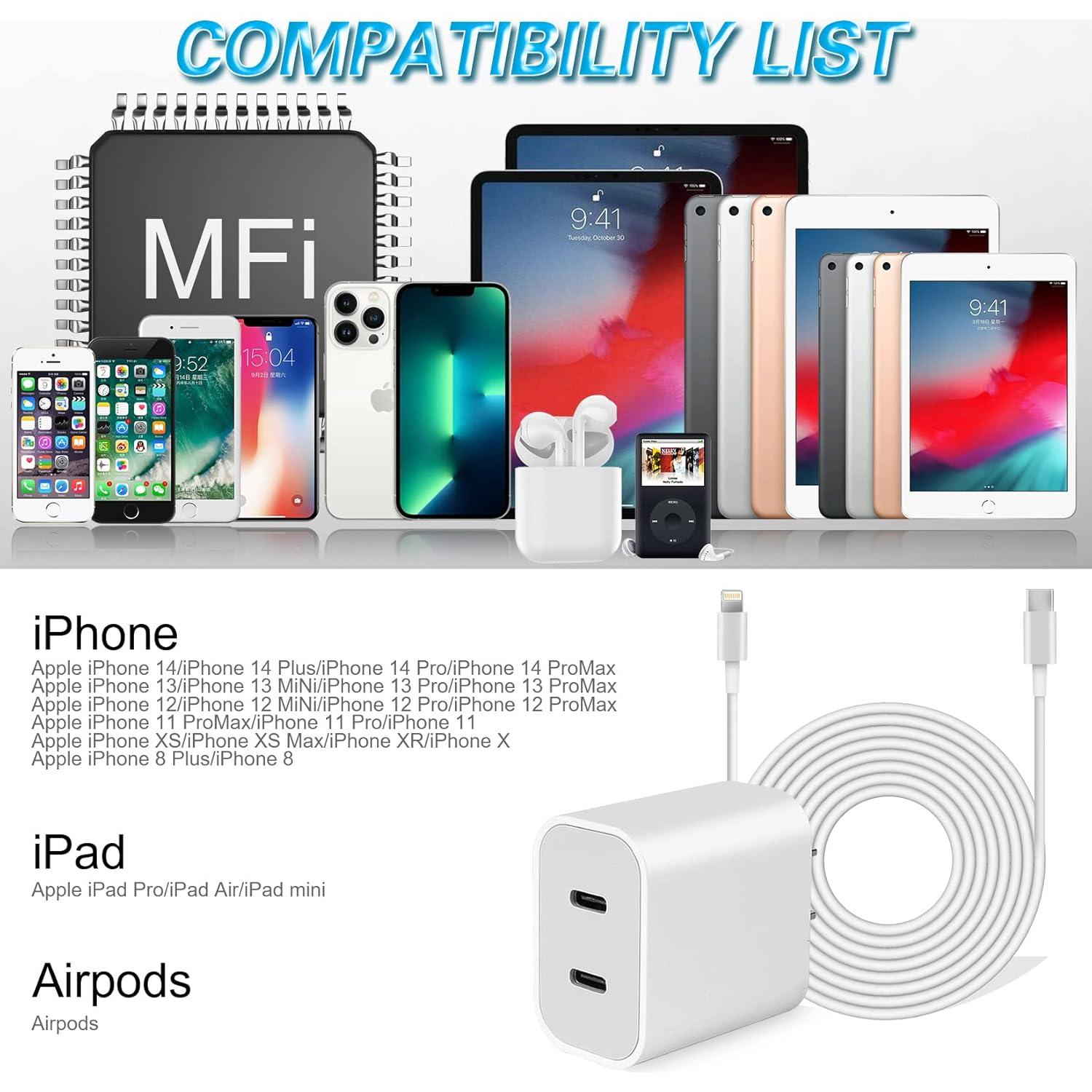Cargador Rápido USB C Doble Puerto Apple con 2 Cables 6FT