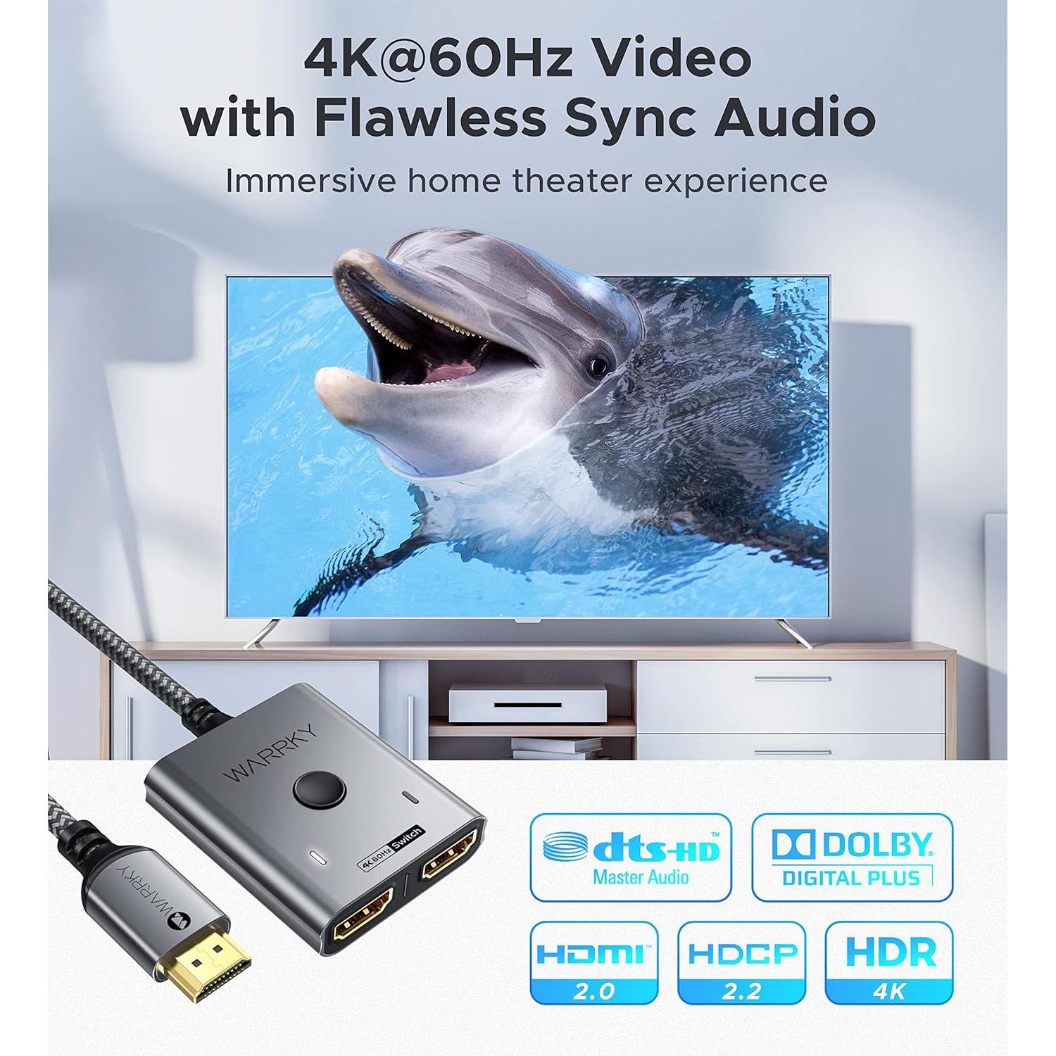 Interruptor HDMI 2 en 1 WARRKY 4K 60Hz con Cable 1m
