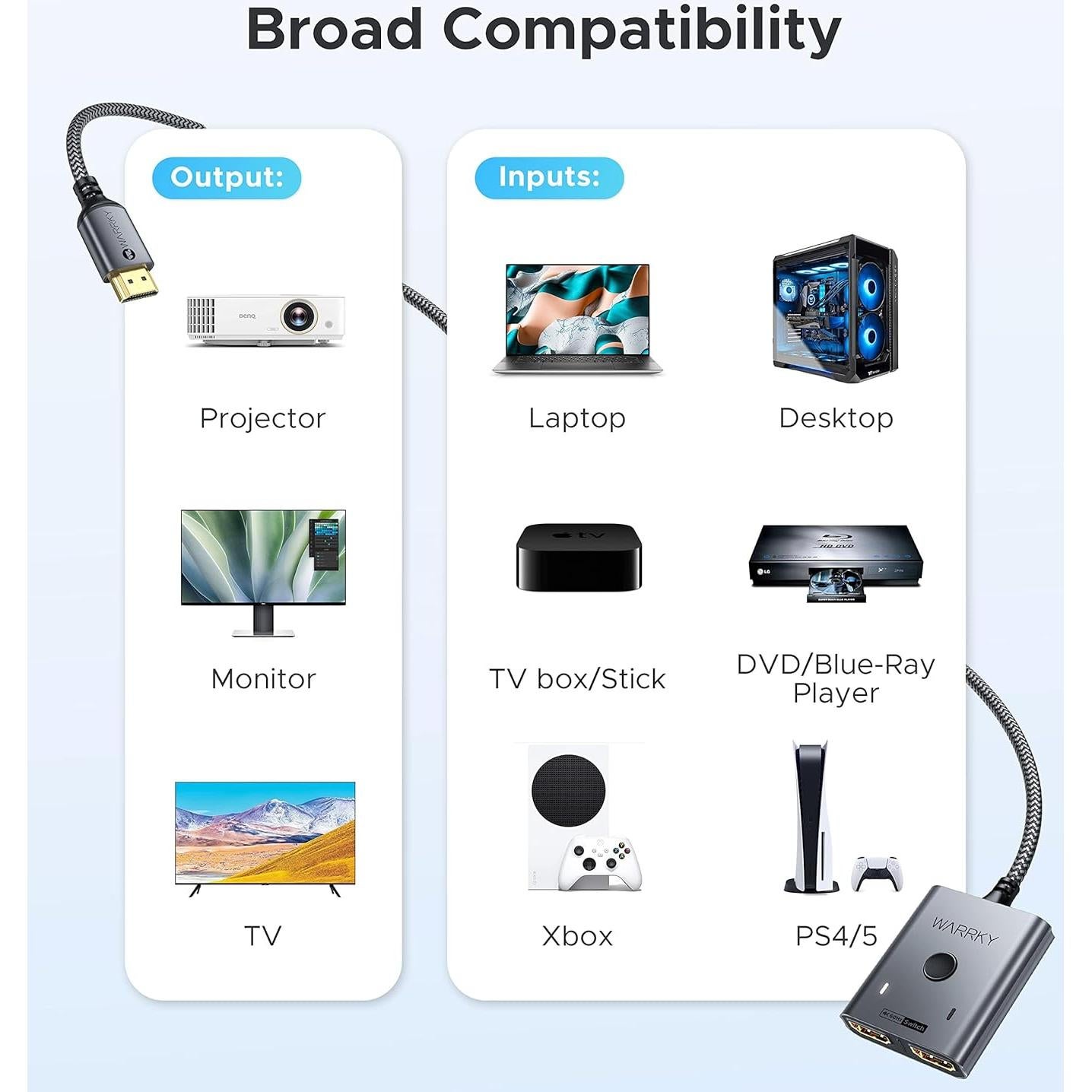 Interruptor HDMI 2 en 1 WARRKY 4K 60Hz con Cable 1m