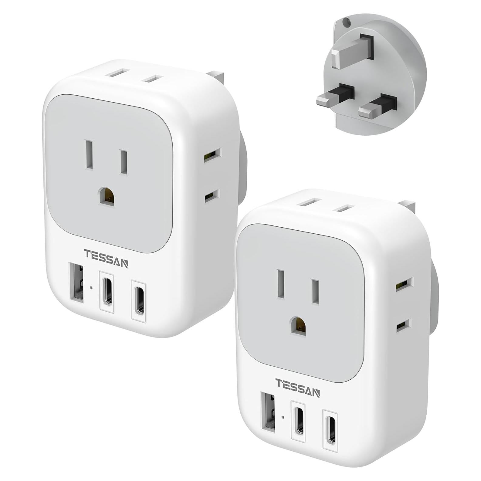 Adaptador de Enchufe Tipo G TESSAN 2 Pack con 4 Salidas USB