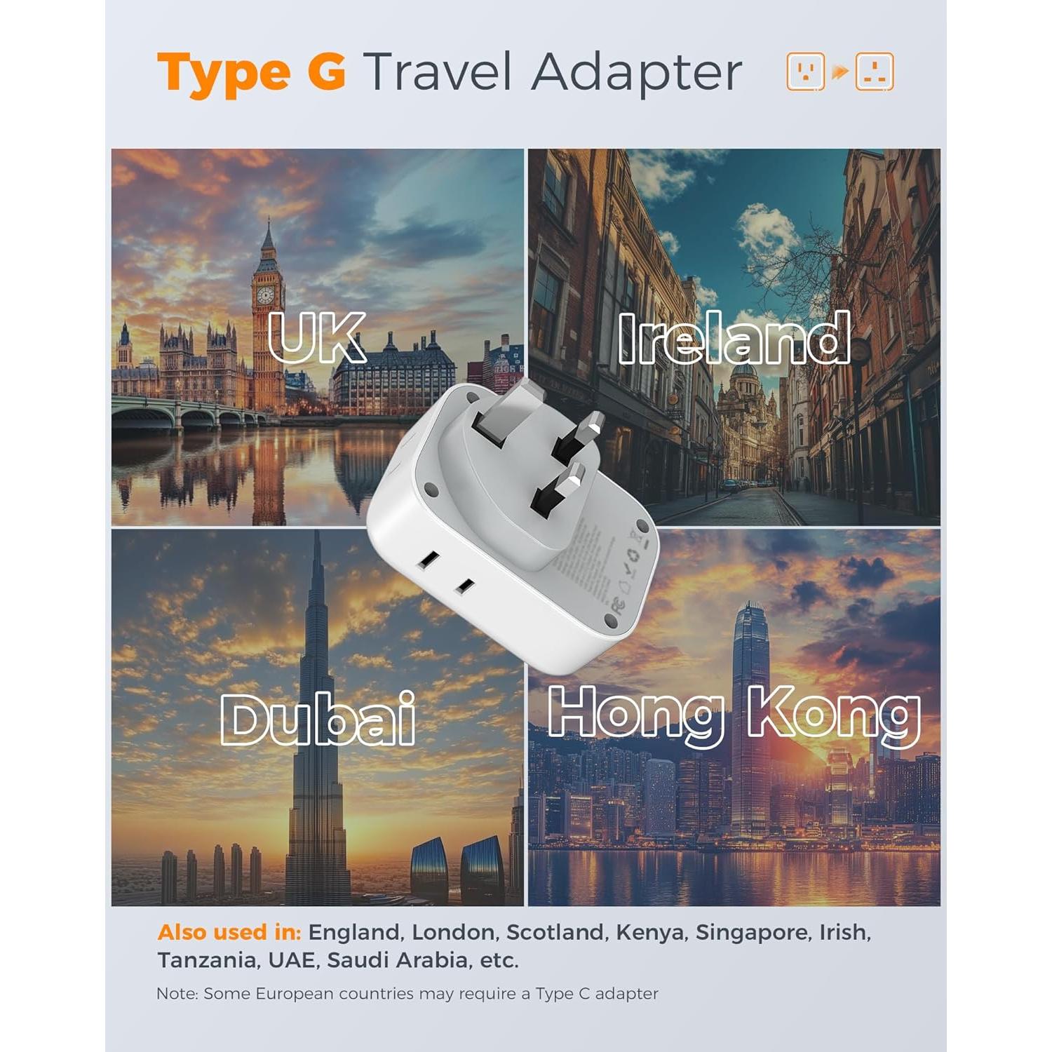 Adaptador de Enchufe Tipo G TESSAN 2 Pack con 4 Salidas USB
