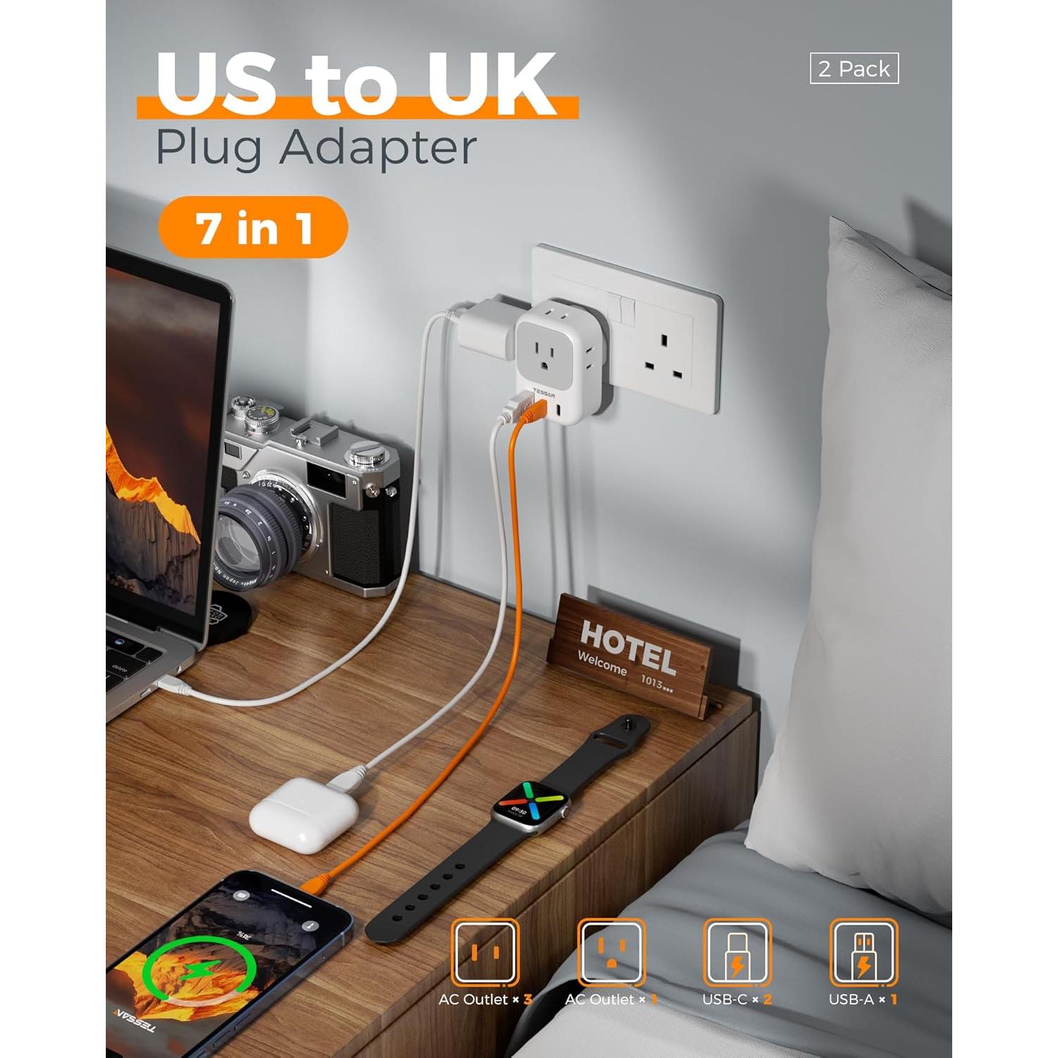 Adaptador de Enchufe Tipo G TESSAN 2 Pack con 4 Salidas USB