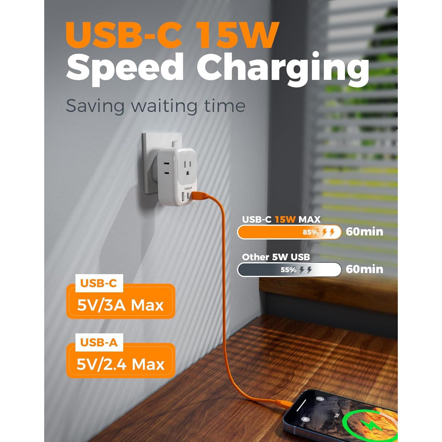 Adaptador de Enchufe Tipo G TESSAN 2 Pack con 4 Salidas USB