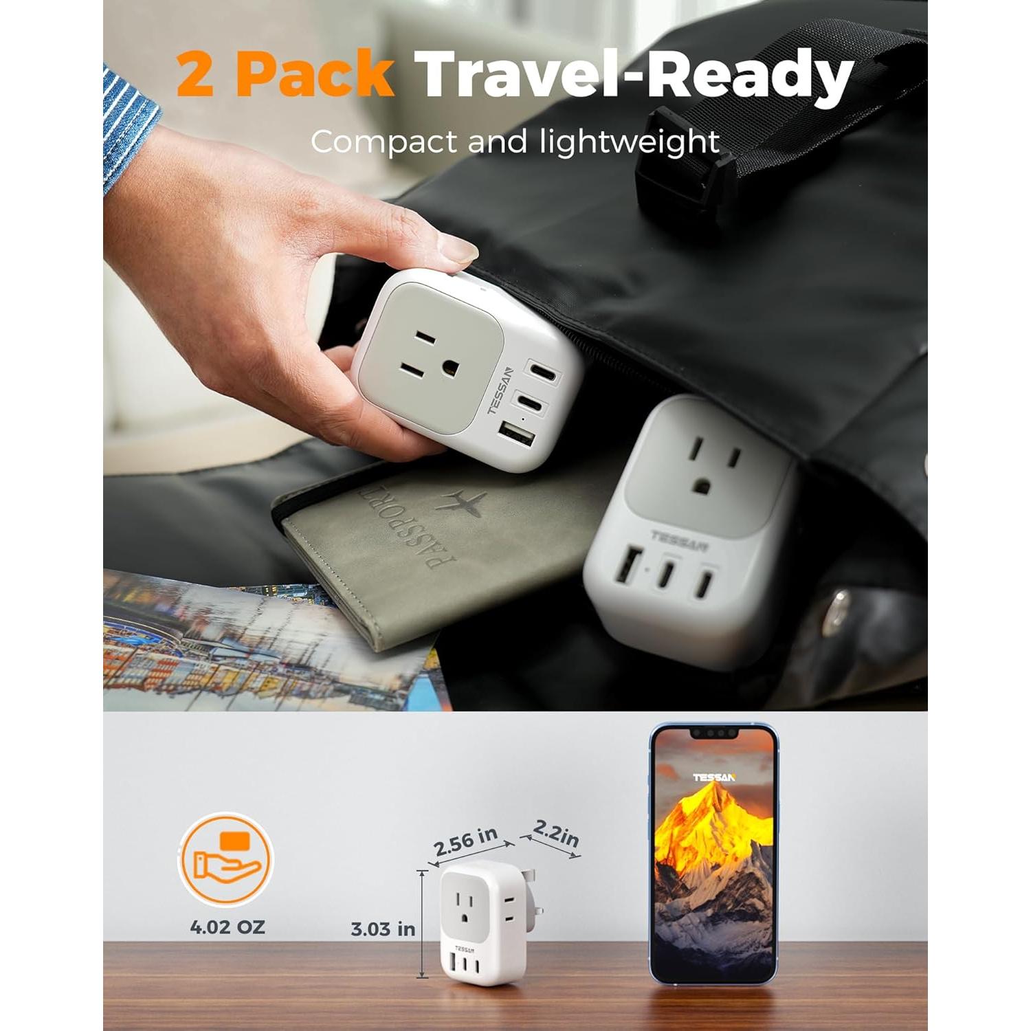 Adaptador de Enchufe Tipo G TESSAN 2 Pack con 4 Salidas USB