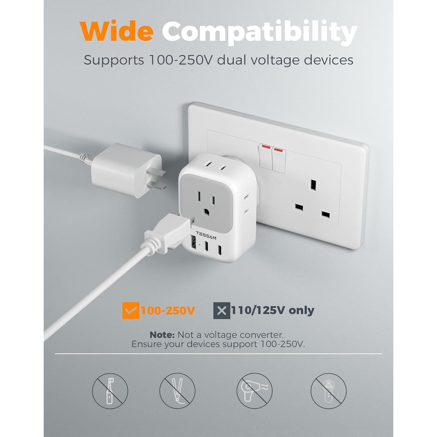 Adaptador de Enchufe Tipo G TESSAN 2 Pack con 4 Salidas USB