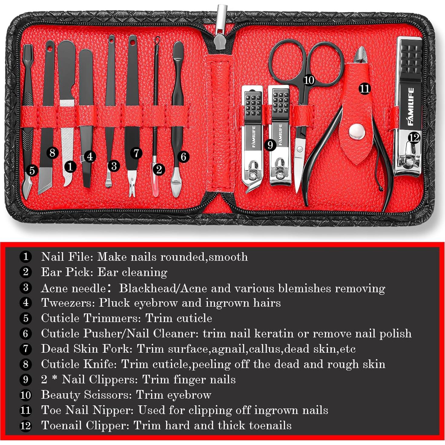 Kit de Uñas FAMILIFE 13 Piezas Acero Inoxidable Negro