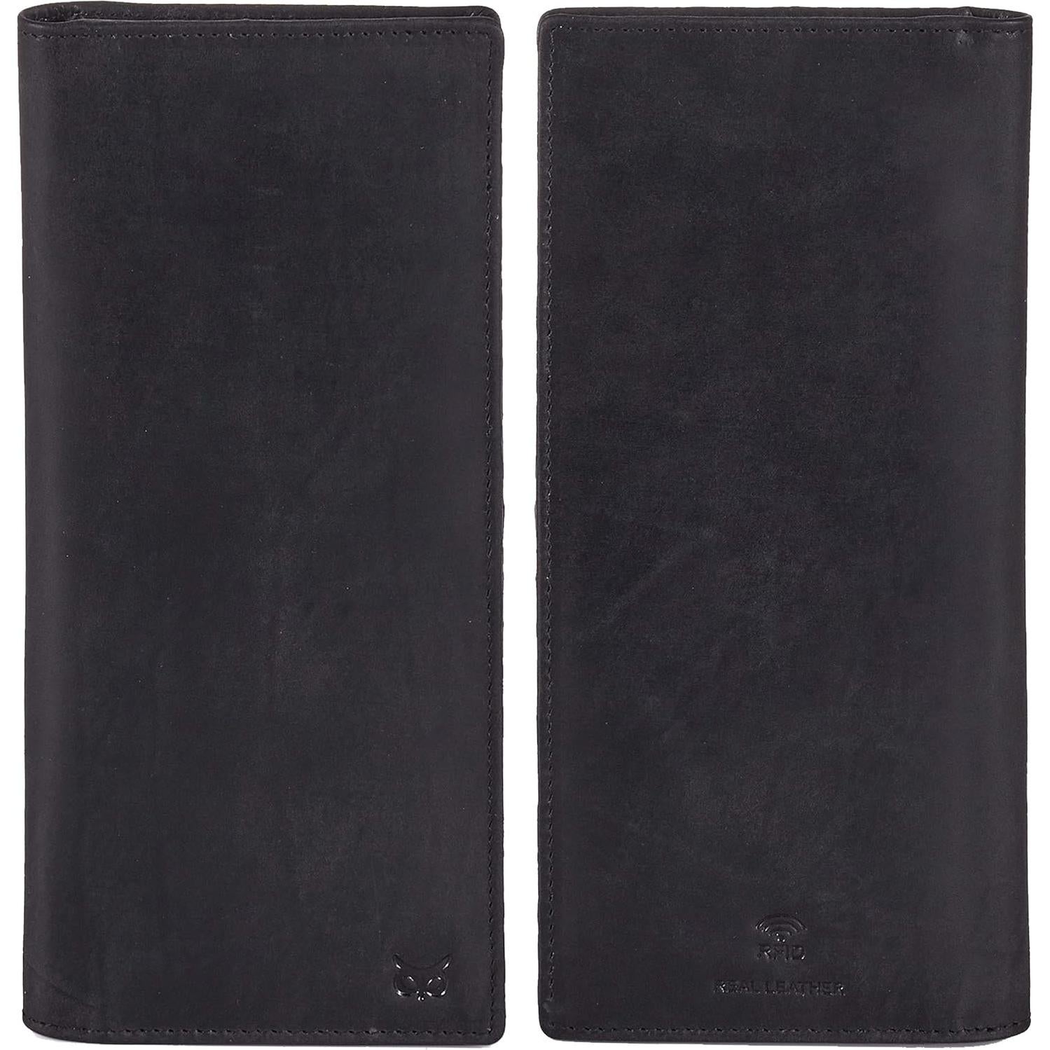 Billetera Larga de Cuero Real Bifold RFID Unisex Slim Negra