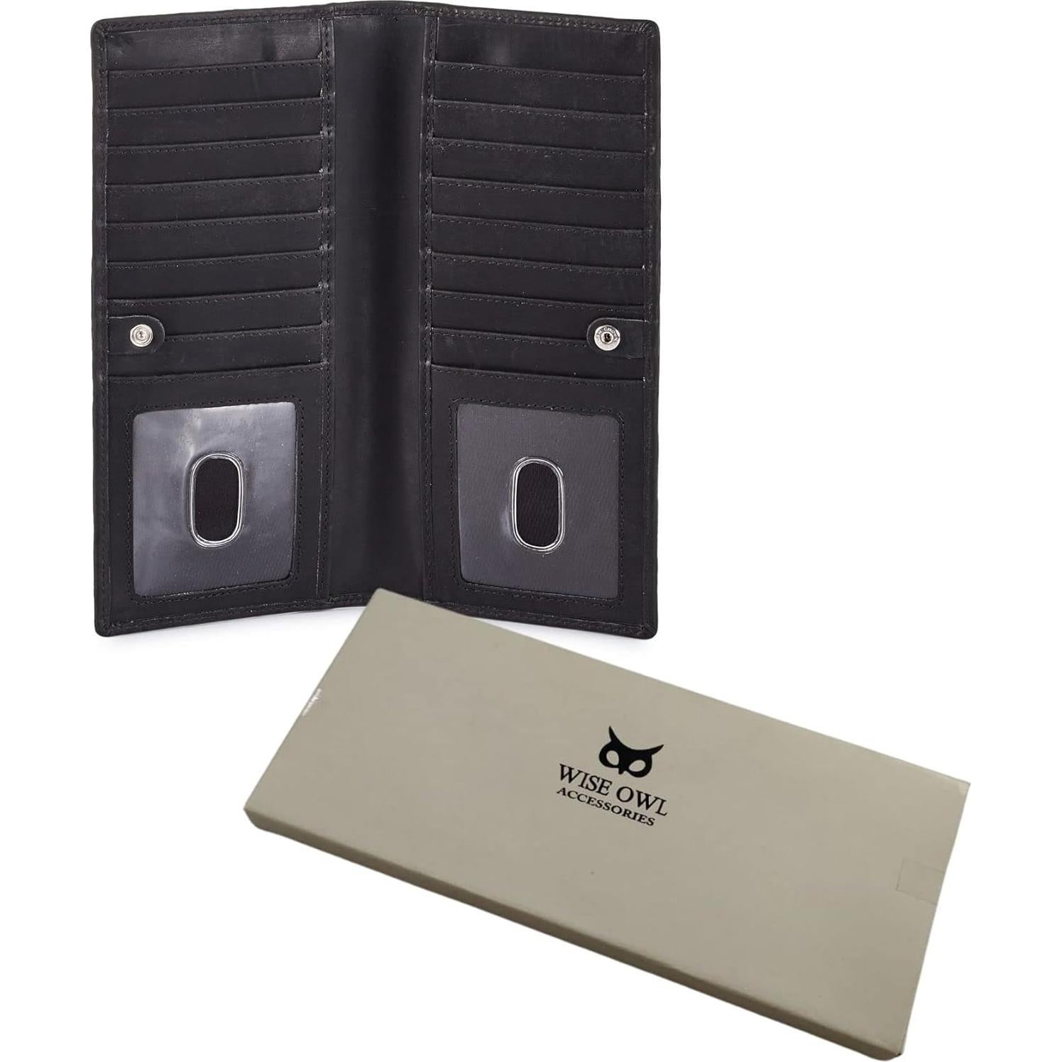 Billetera Larga de Cuero Real Bifold RFID Unisex Slim Negra