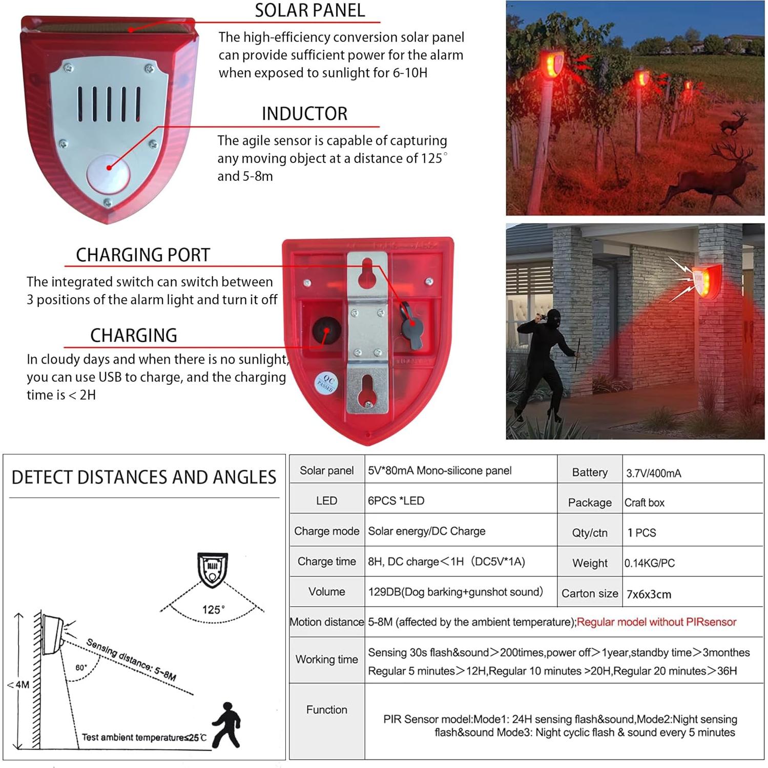 Alarma Solar de Movimiento QXMH 129dB con Luz Estroboscópica