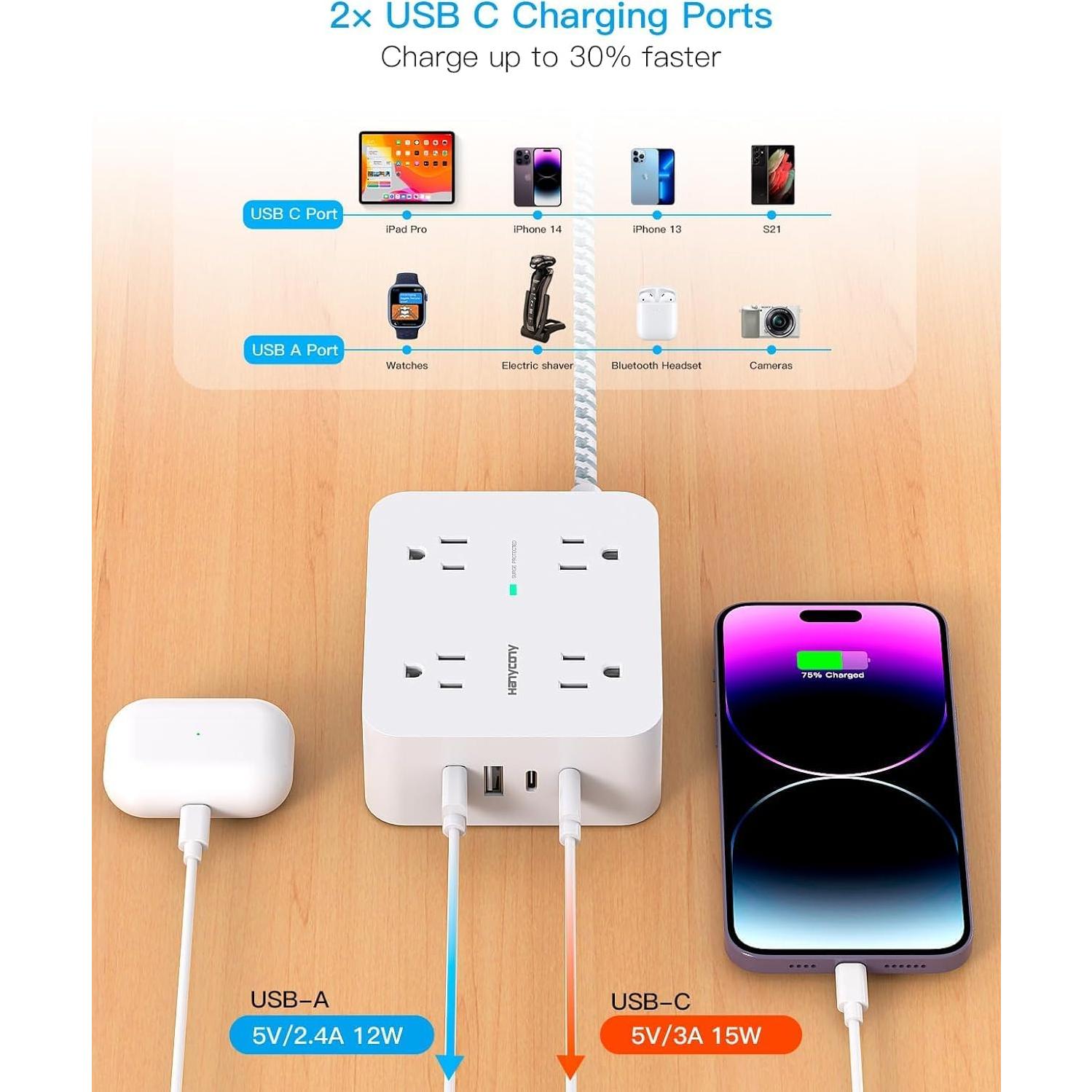Regleta de Protección HANYCONY 8 Salidas AC y 4 USB-C 1.52m