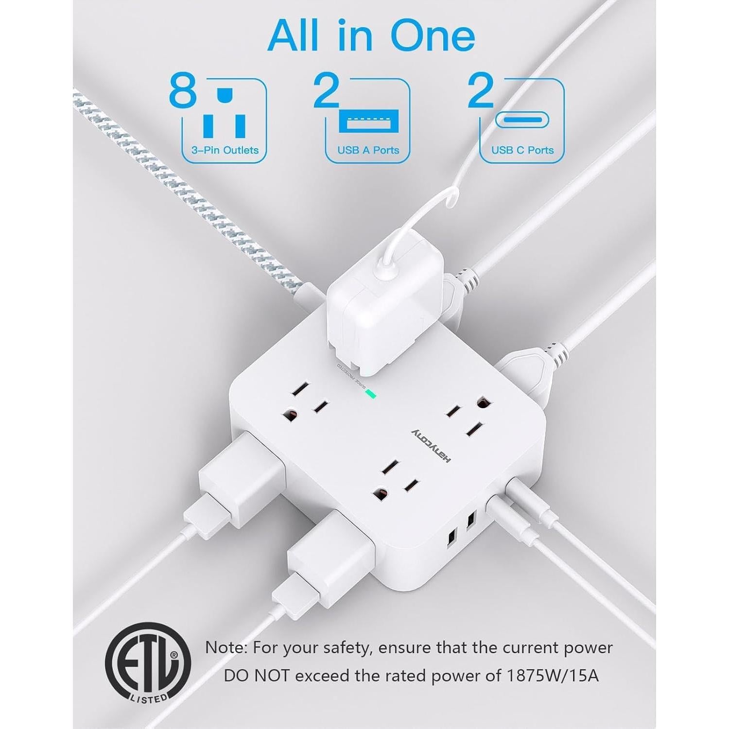 Regleta de Protección HANYCONY 8 Salidas AC y 4 USB-C 1.52m