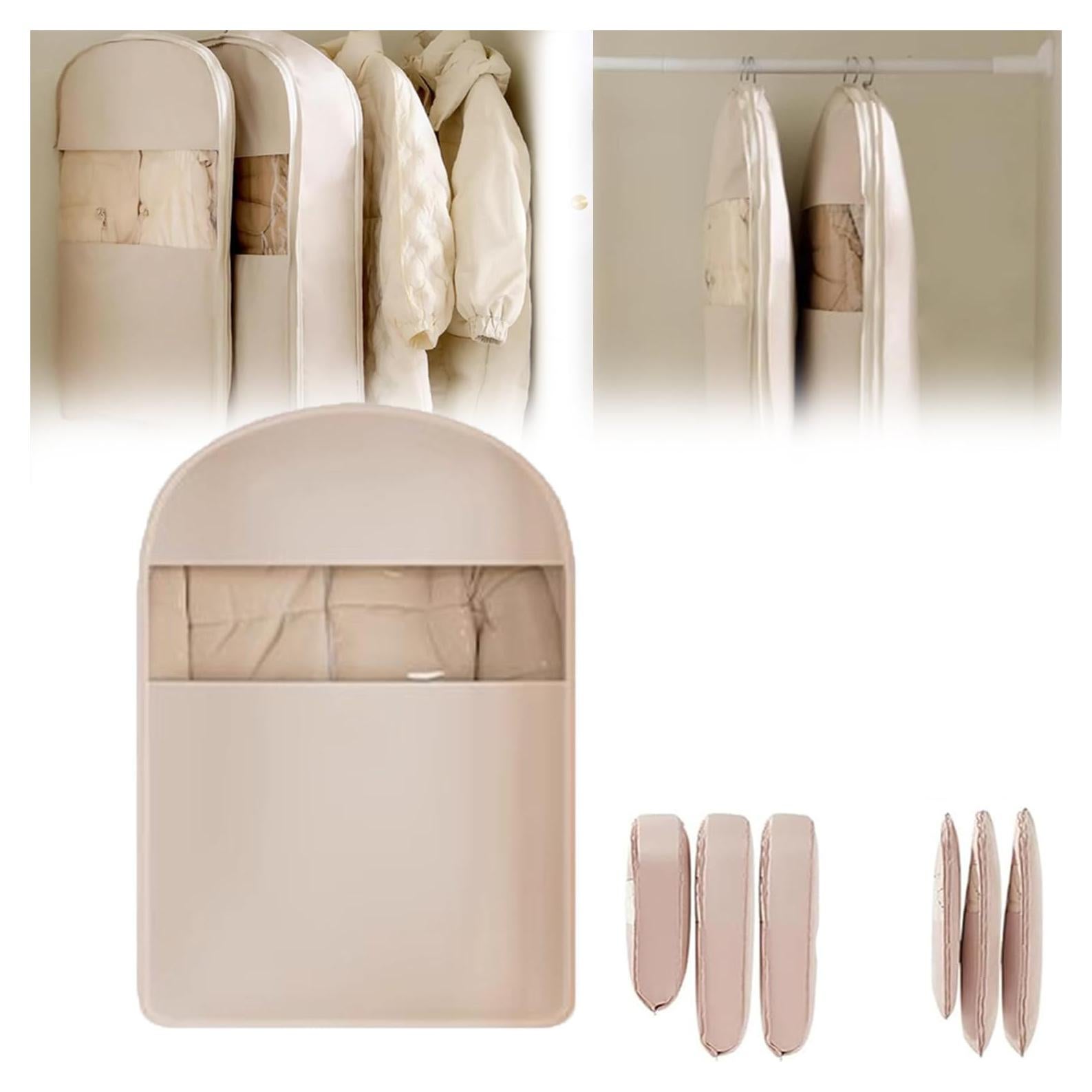 Bolsa Colgante de Ropa Beige M con Cierre de Compresión Automática