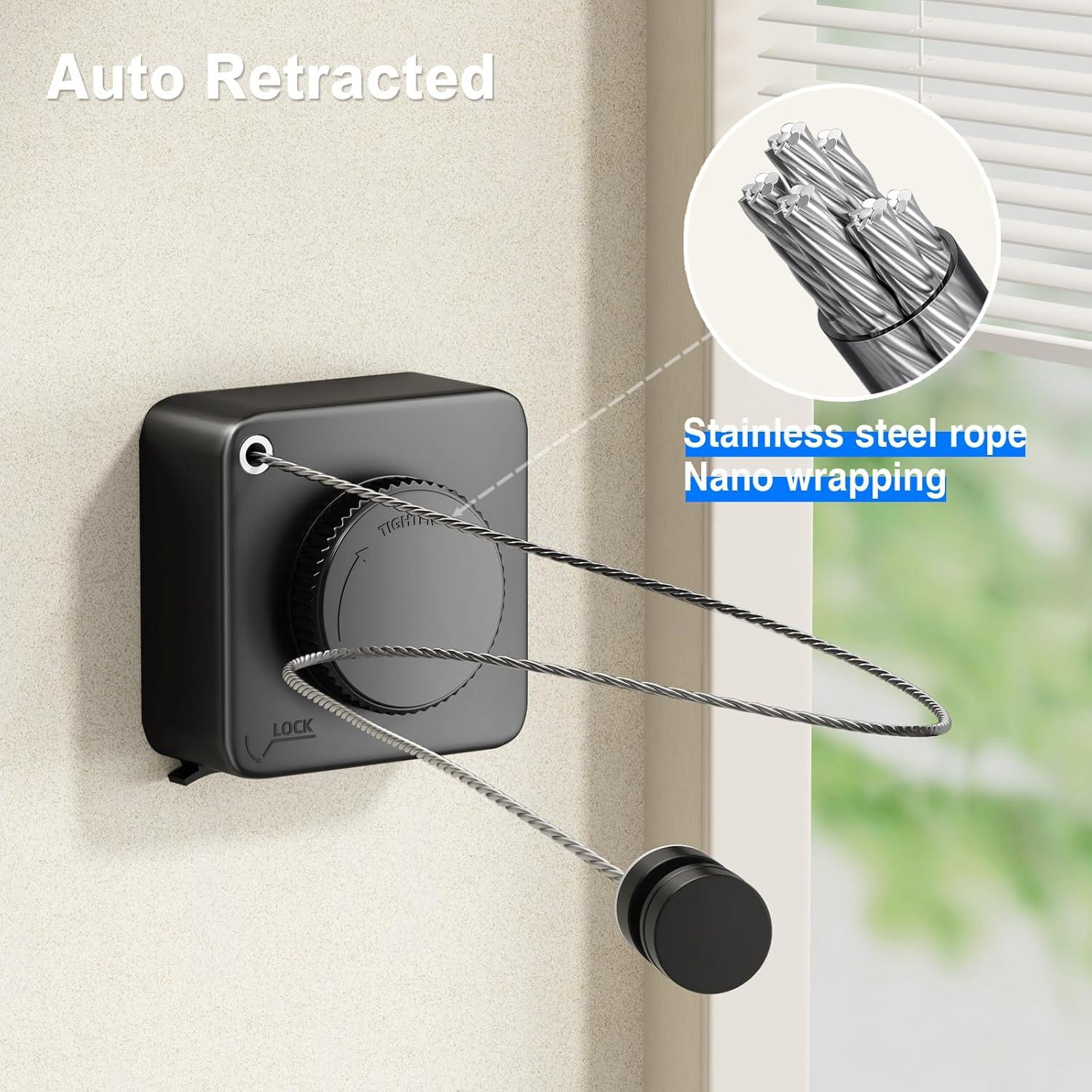 Cuerda de Ropa Retráctil Mustorn 4.6m Acero Inoxidable Negro