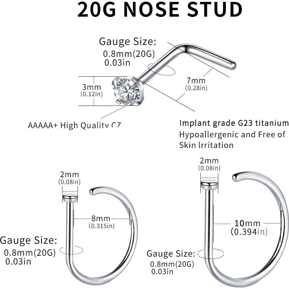 Anillos de Nariz VOJO G23 Titanio 20G con Diamante - Hipoalergénicos