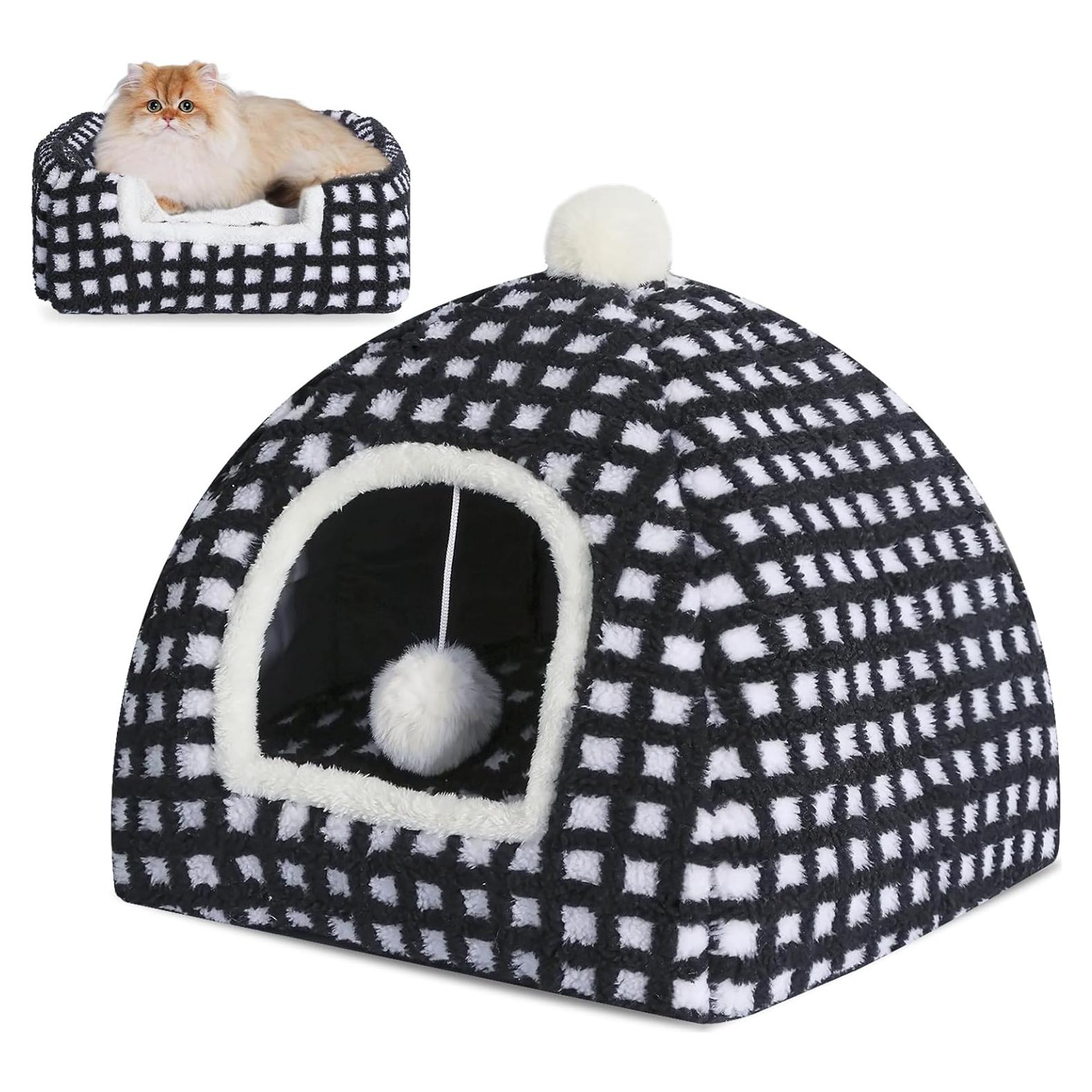 Cama Cueva para Gatos RUONARIER Mediana Cuadrícula Negra 38x38cm