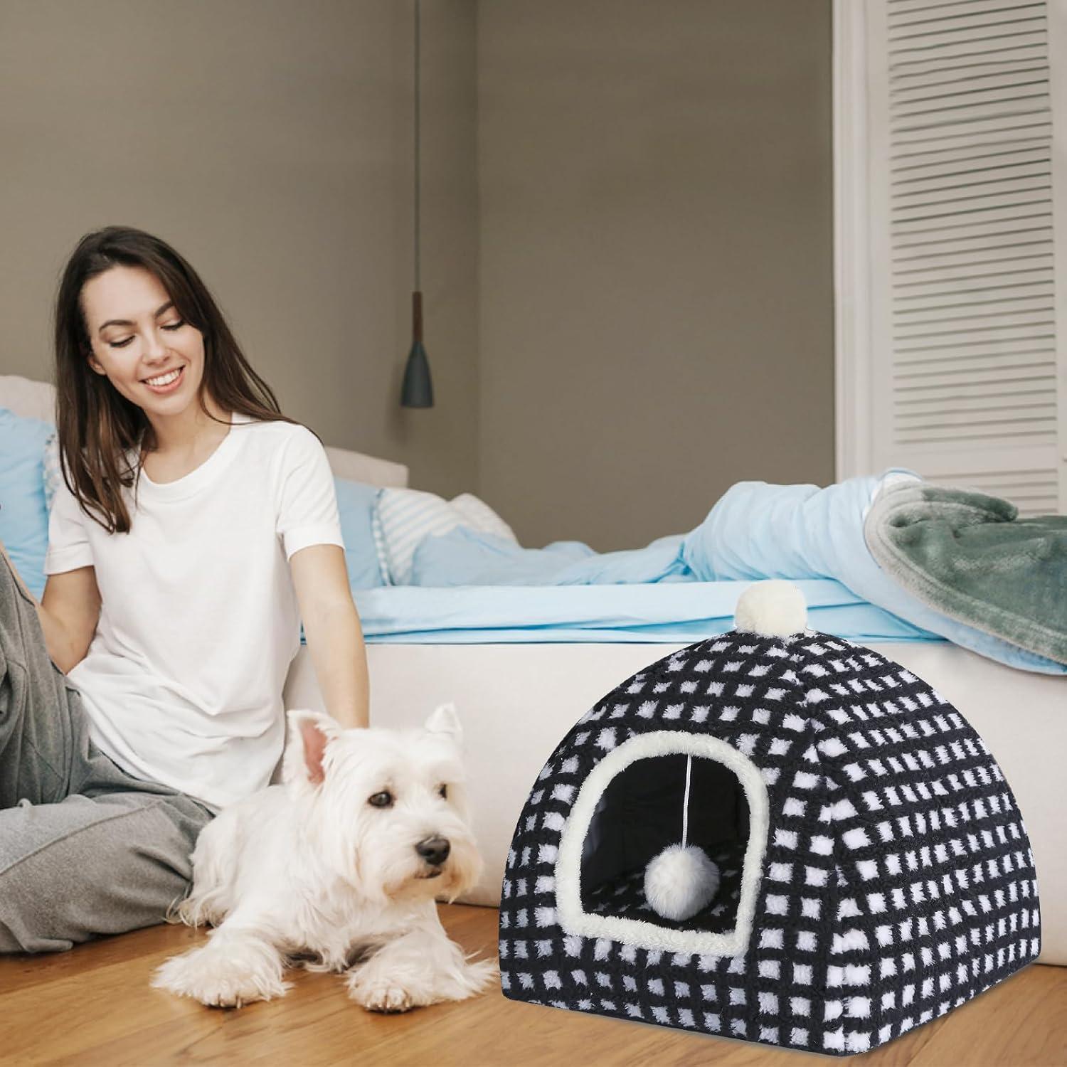 Cama Cueva para Gatos RUONARIER Mediana Cuadrícula Negra 38x38cm