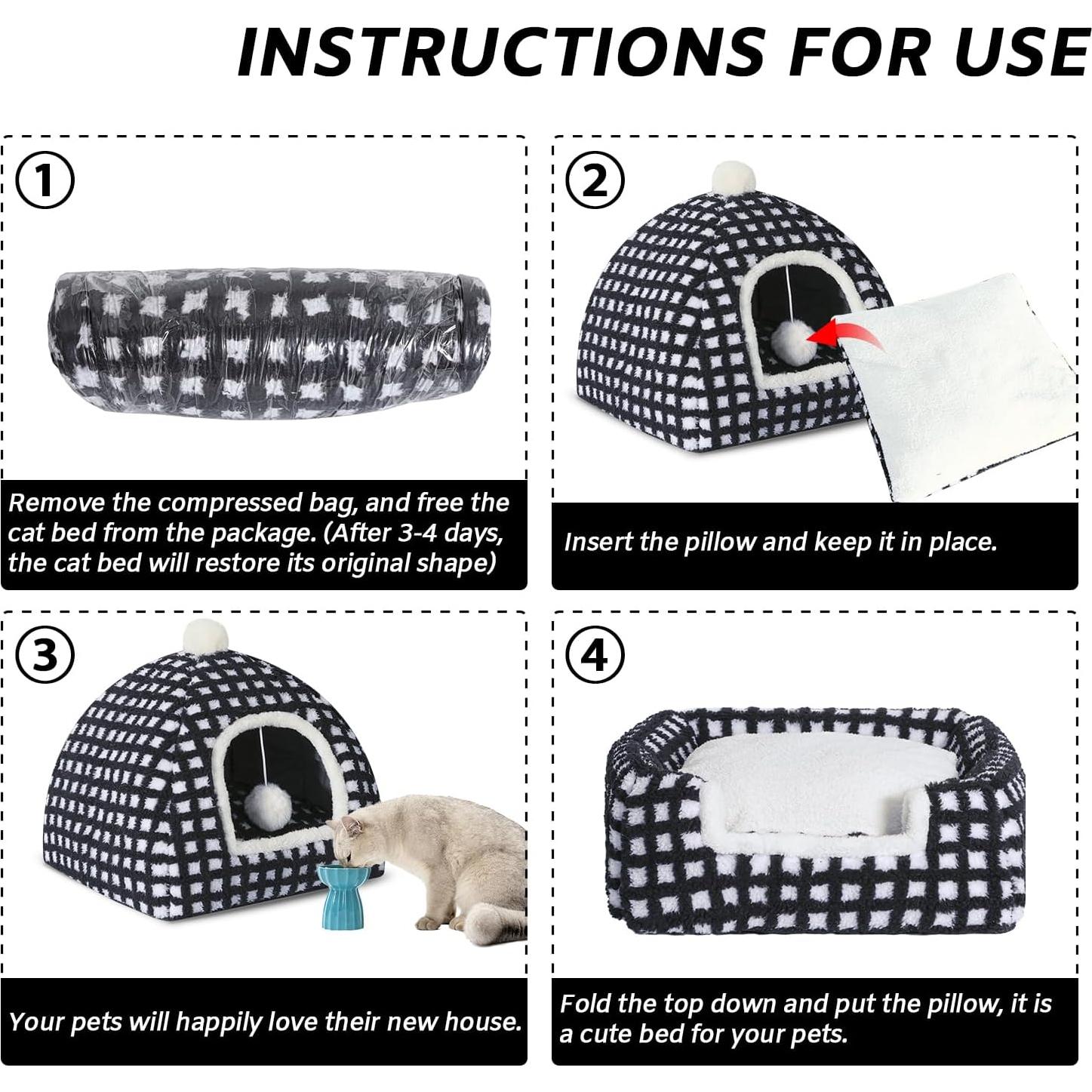 Cama Cueva para Gatos RUONARIER Mediana Cuadrícula Negra 38x38cm