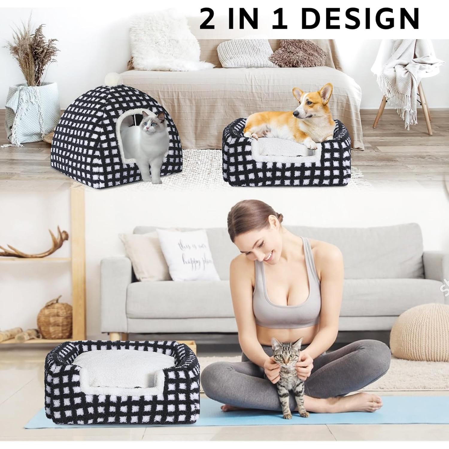 Cama Cueva para Gatos RUONARIER Mediana Cuadrícula Negra 38x38cm