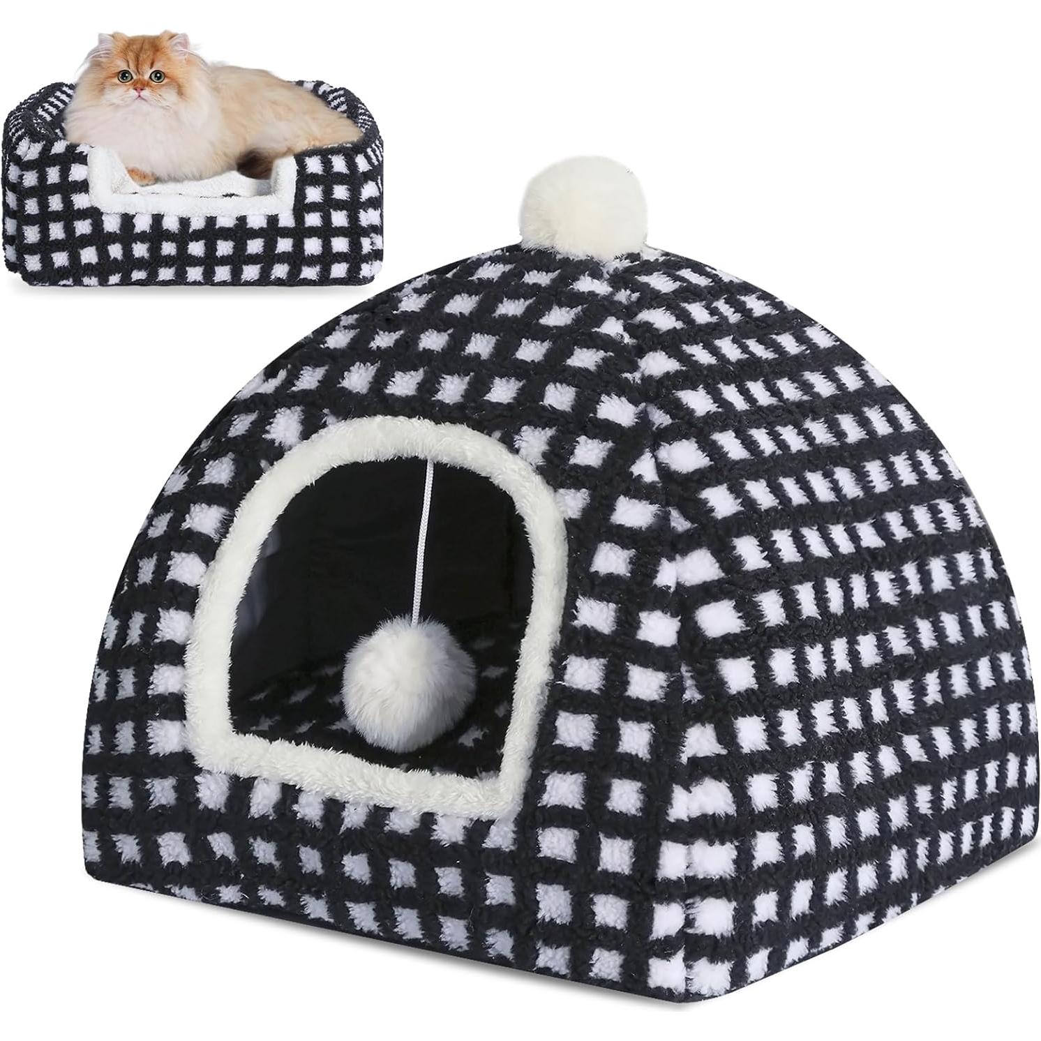 Cama Cueva para Gatos RUONARIER Mediana Cuadrícula Negra 38x38cm