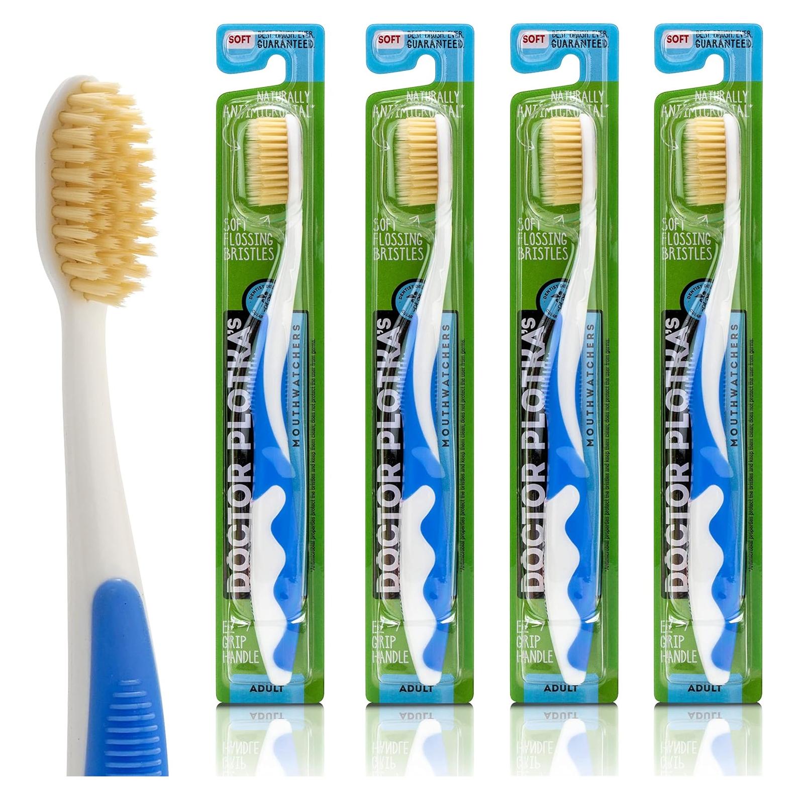 Cepillos de Dientes Manuales Mouthwatchers Dr. Plotka, 4 Unidades, Azul, Cerdas Suaves para Dientes Sensibles
