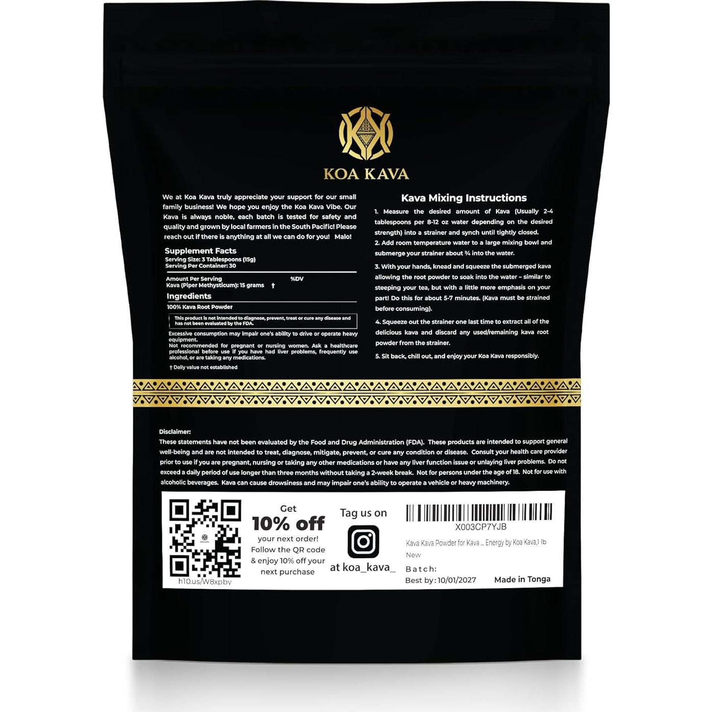 Kava Kava Polvo Koa - 453g de Raíz de Tonga, Bebida Natural