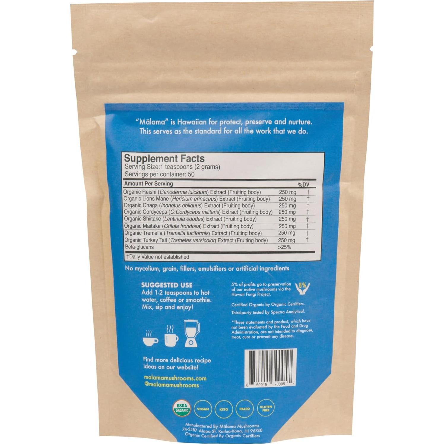 Polvo de 8 Hongos Superalimento Malama 108g - Orgánico