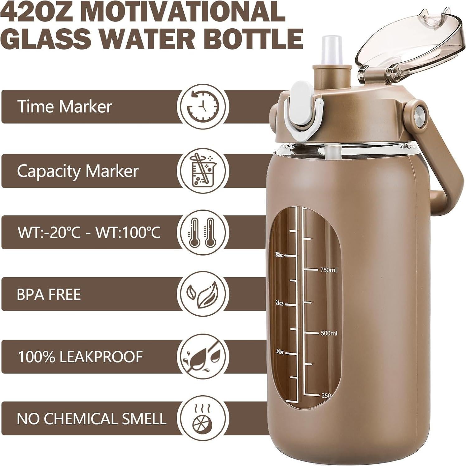 Botella de Agua de Vidrio Kytffu 1.24L con Popote y Manga