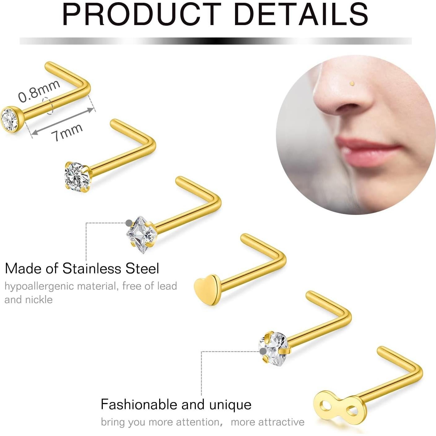 Anillos de Nariz Acero Inoxidable 20G Incaton 24 Piezas Oro