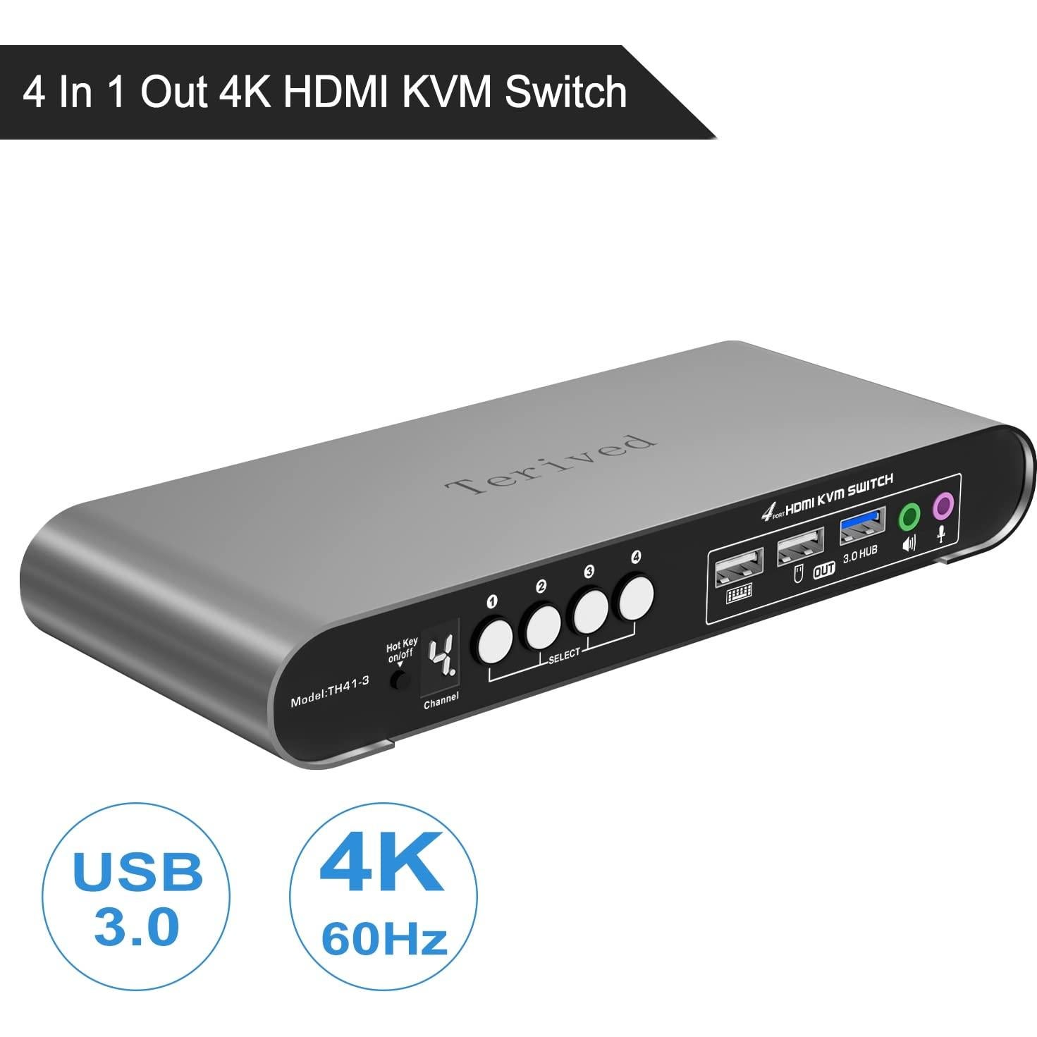 Interruptor KVM Terived 4 Puertos HDMI 4K con Audio y USB 3.0