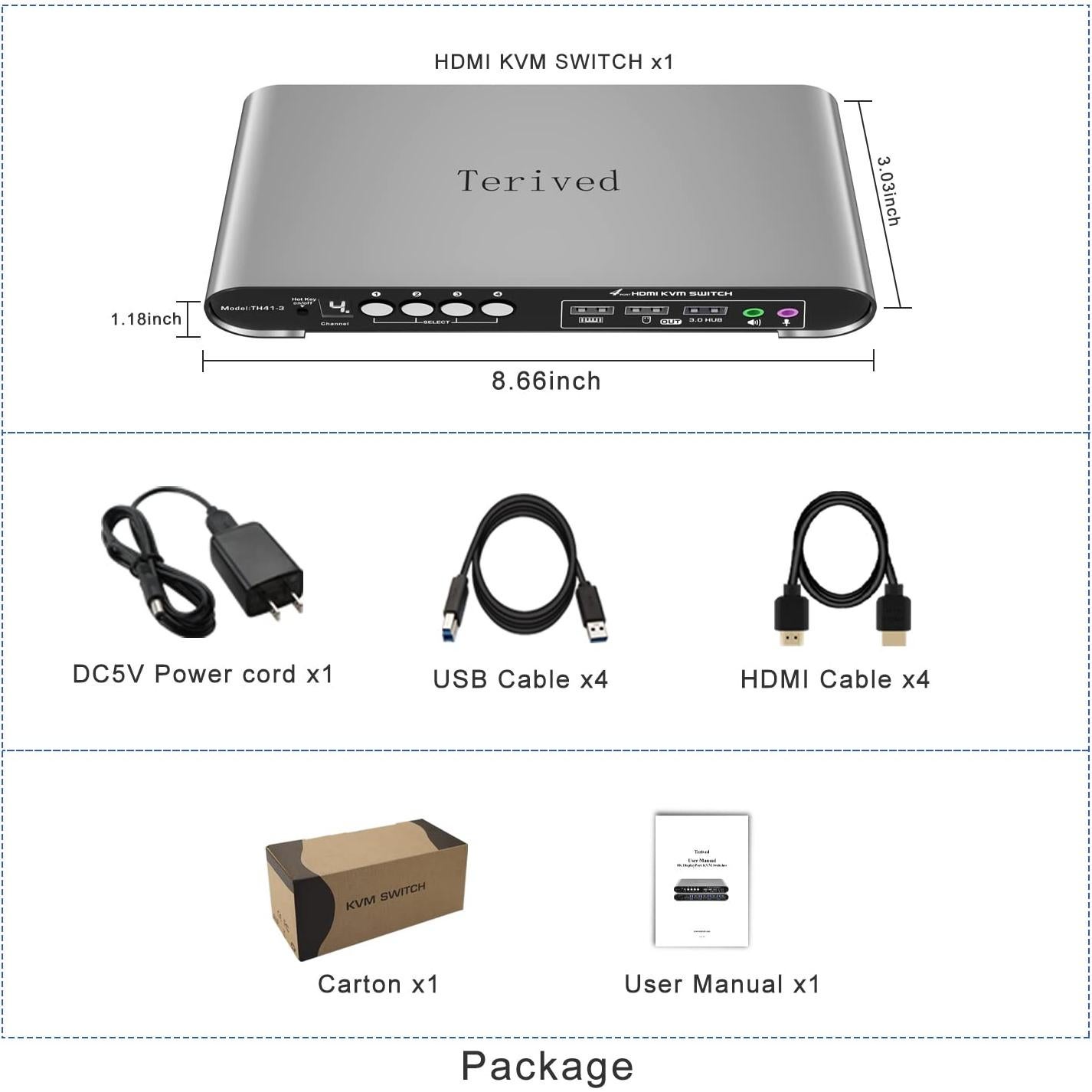 Interruptor KVM Terived 4 Puertos HDMI 4K con Audio y USB 3.0