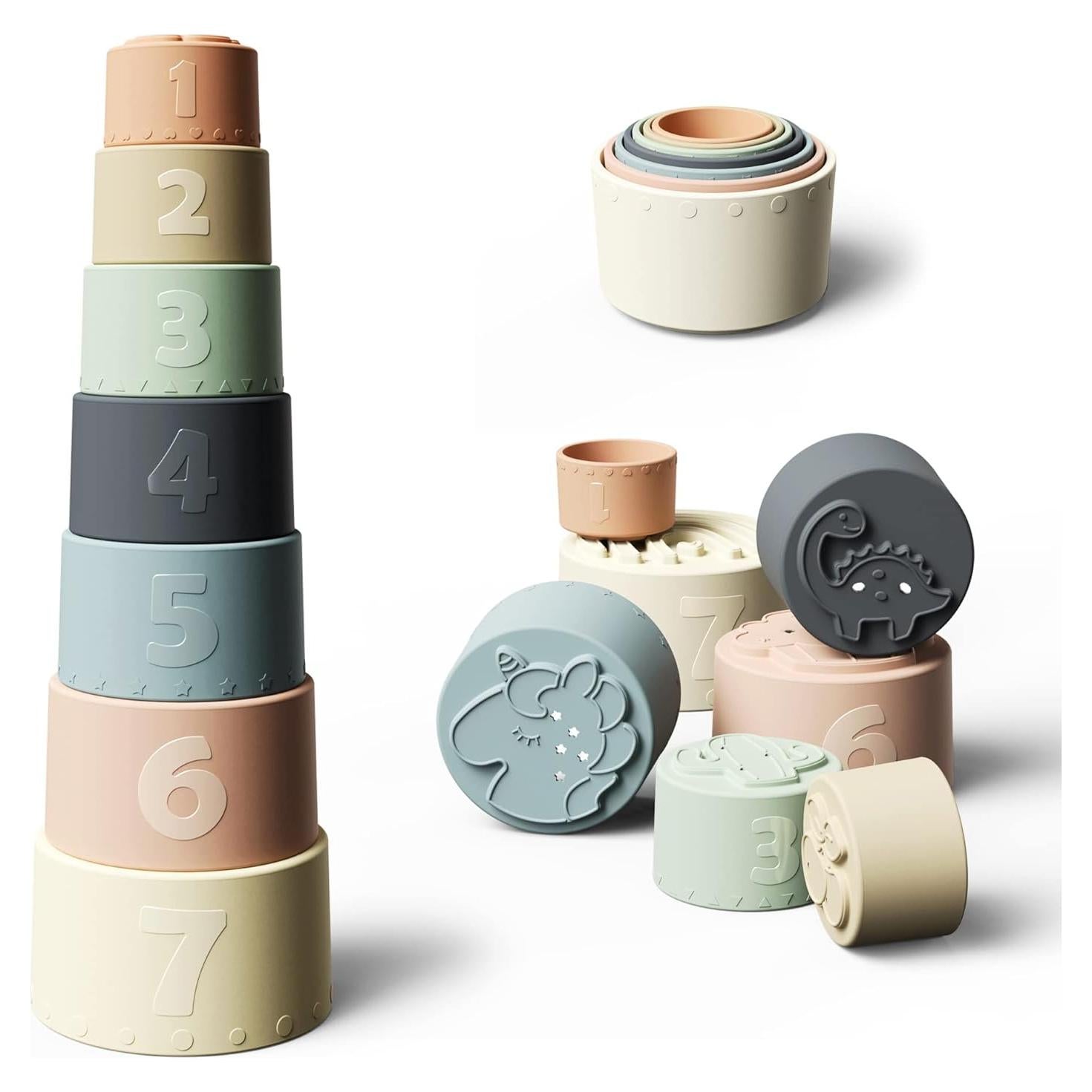 Juguete de Tazas Apilables Moonkie de Silicona para Bebés 7 Piezas