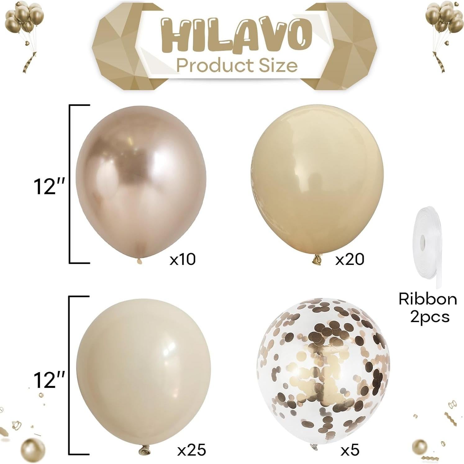 Juego de Globos Beige y Dorado Champán 60 Pcs 30 cm