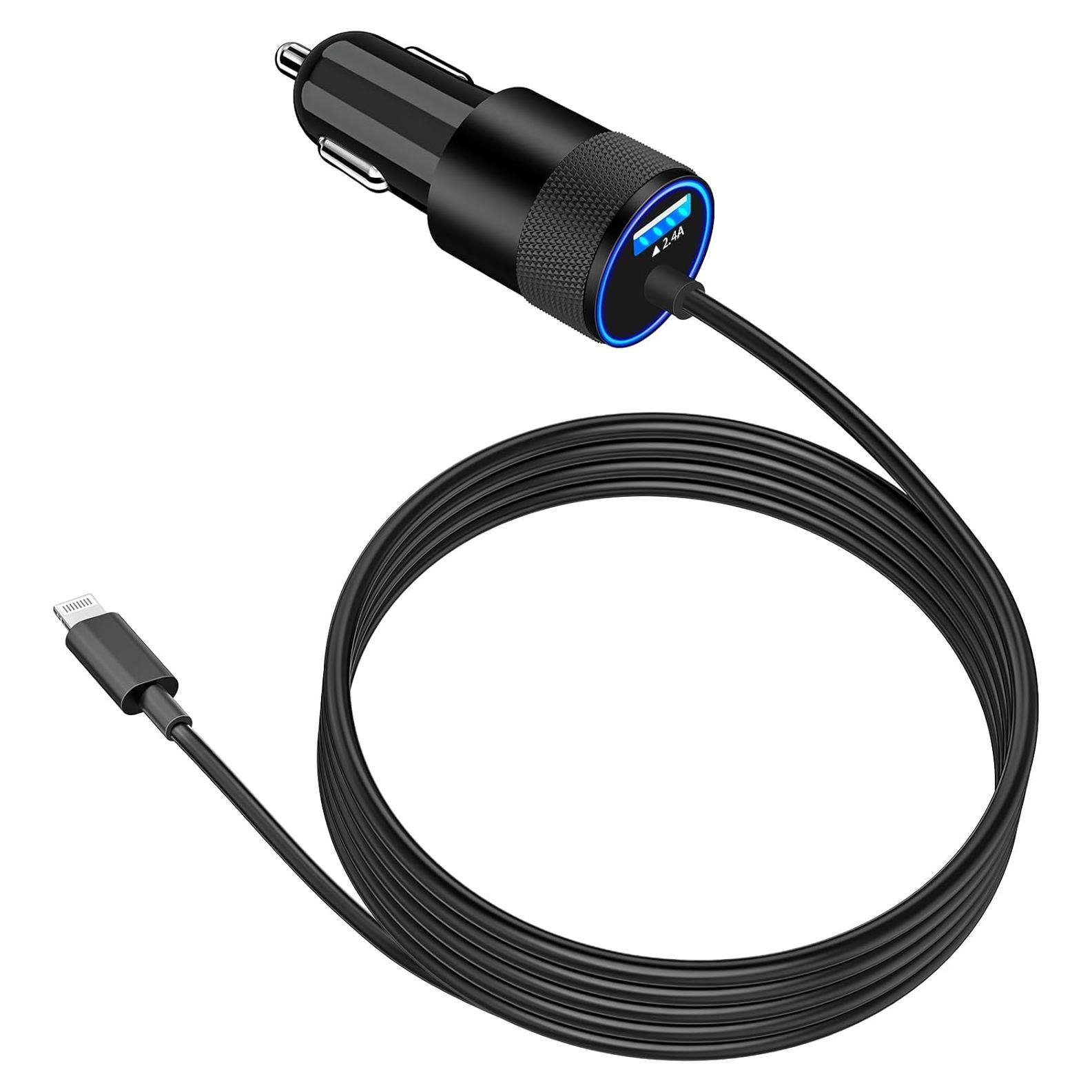Cargador Rápido para Auto Caiinei 4.8A Doble USB con Cable Lightning 6FT
