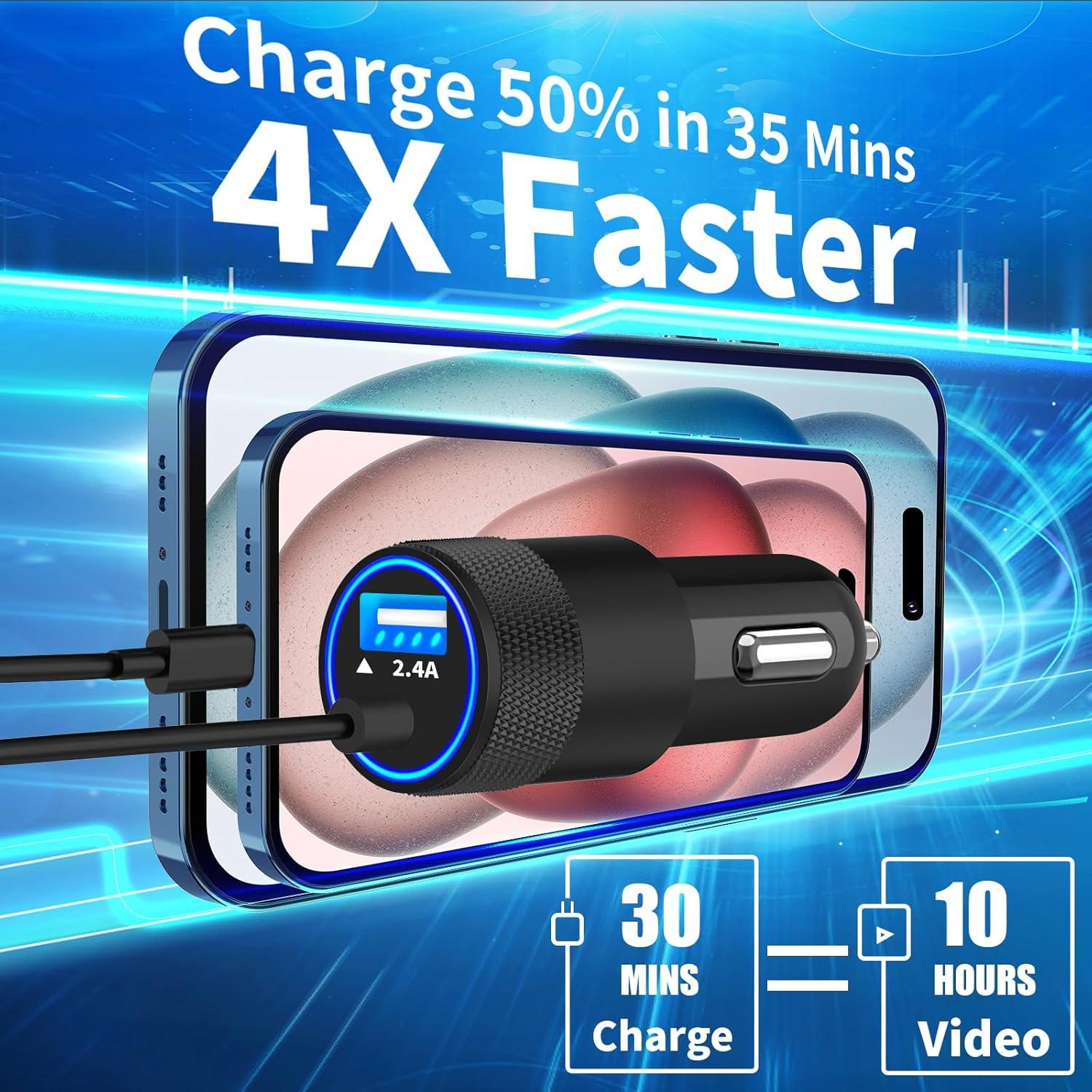 Cargador Rápido para Auto Caiinei 4.8A Doble USB con Cable Lightning 6FT