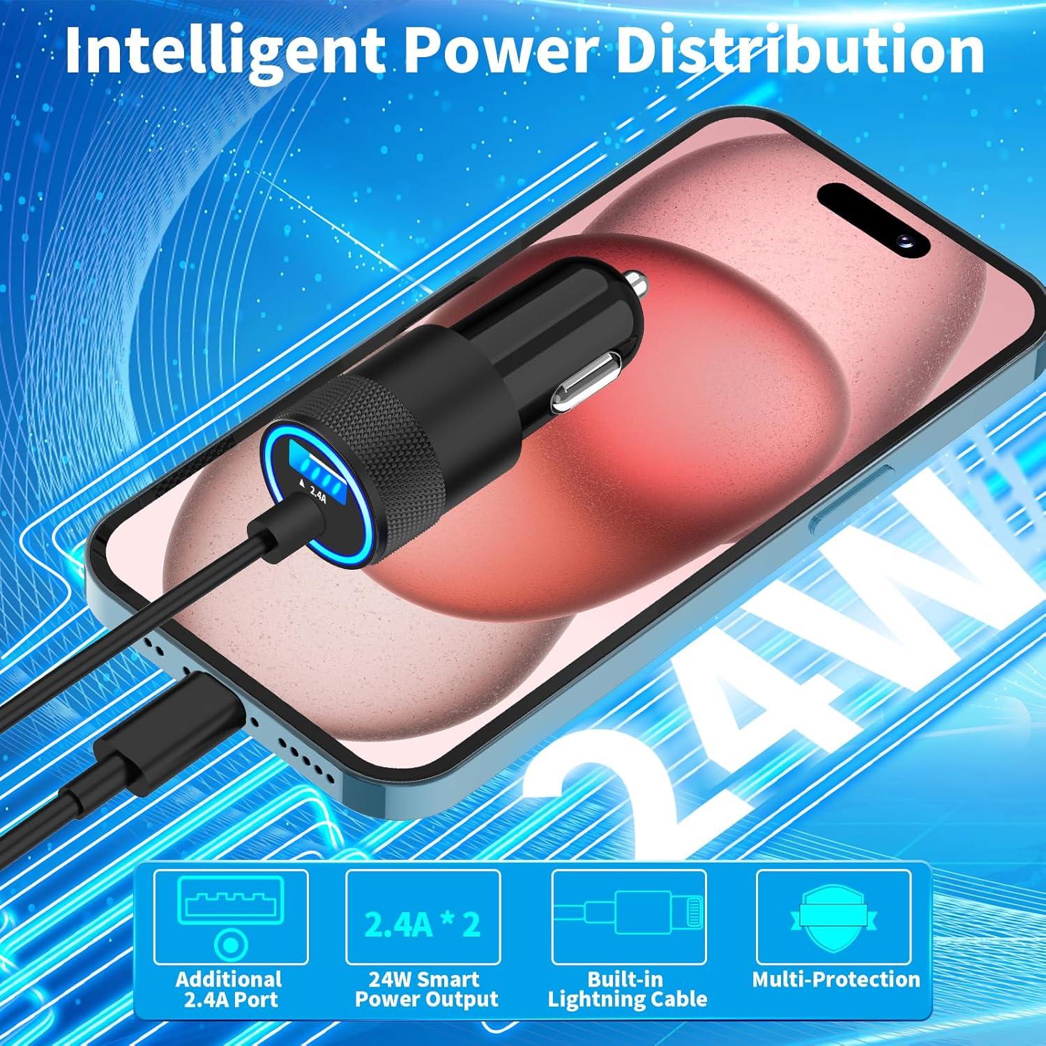 Cargador Rápido para Auto Caiinei 4.8A Doble USB con Cable Lightning 6FT