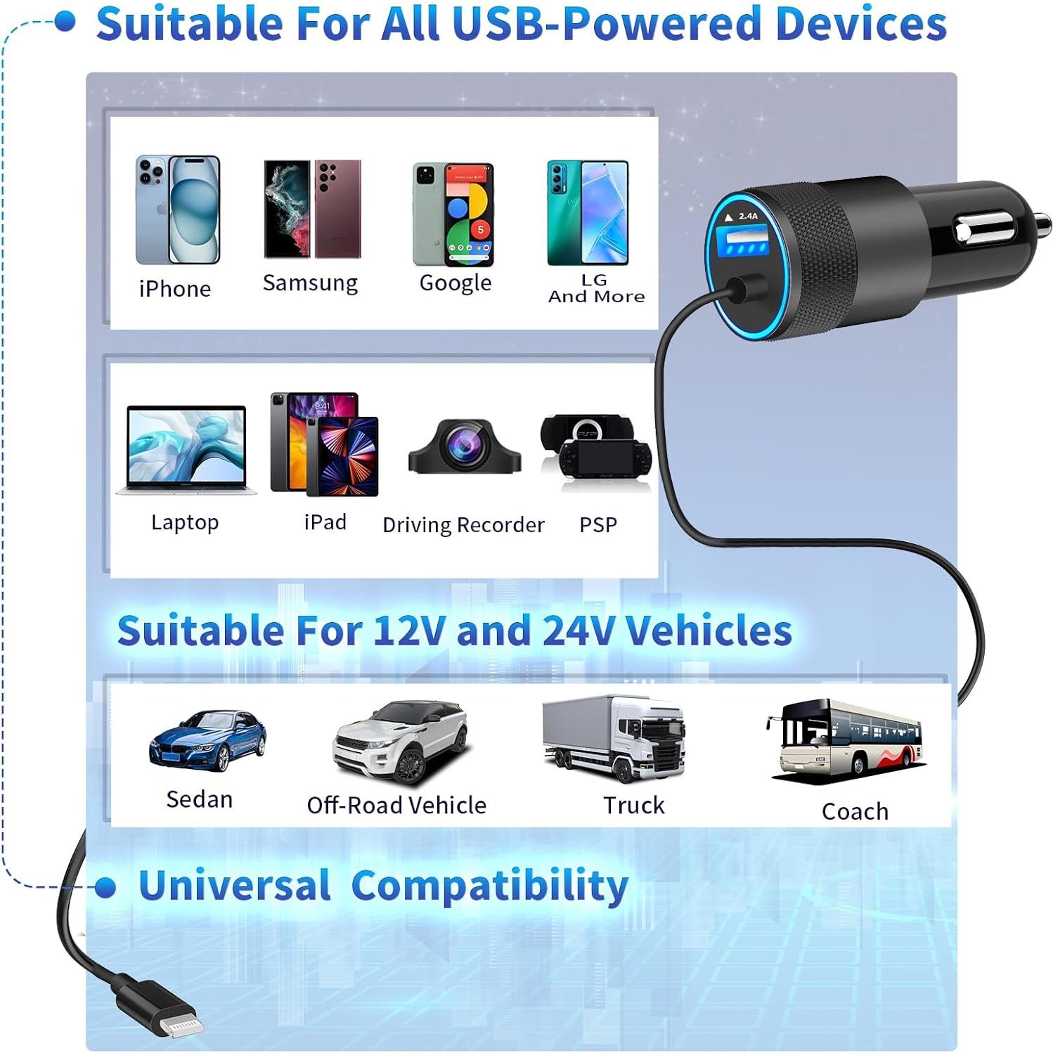 Cargador Rápido para Auto Caiinei 4.8A Doble USB con Cable Lightning 6FT