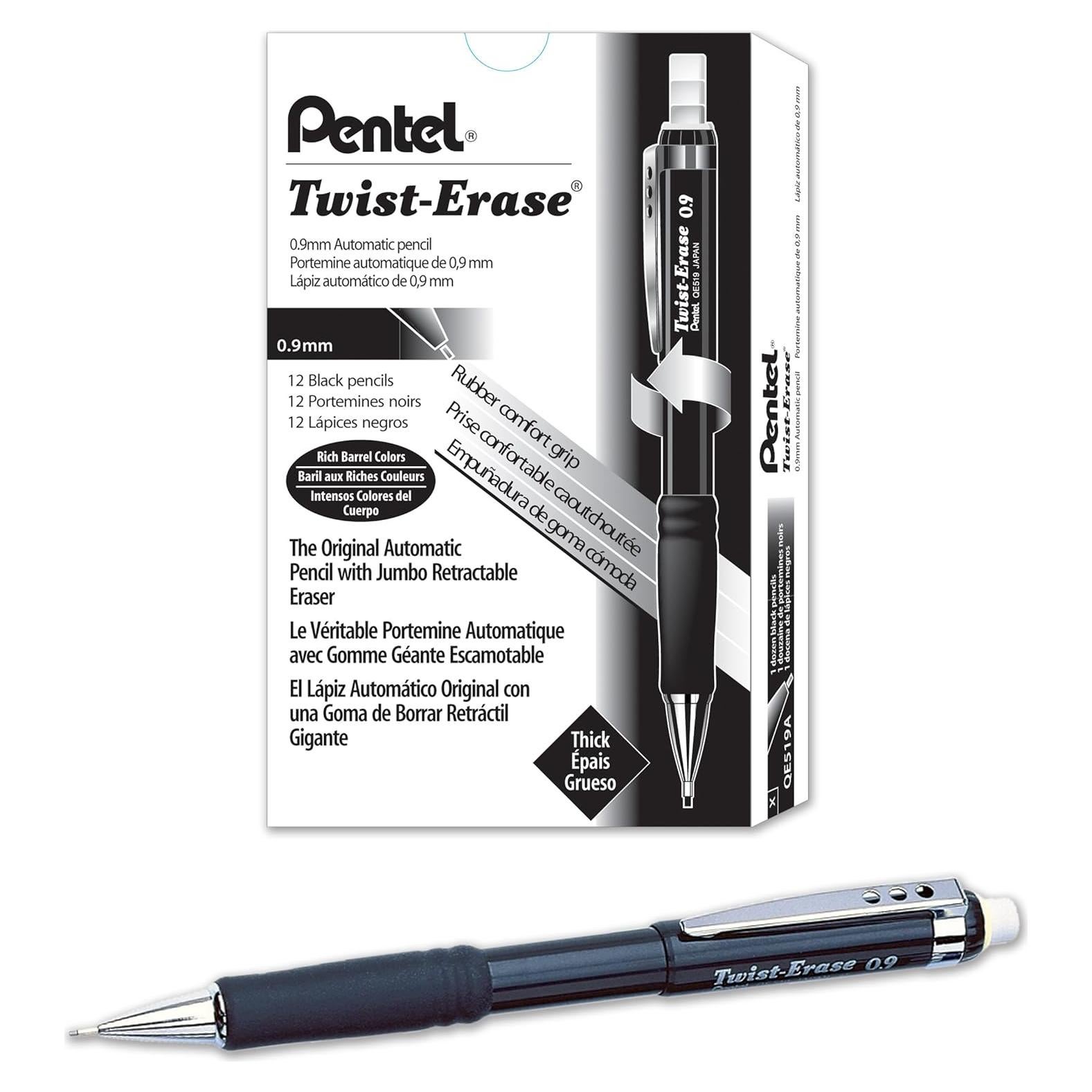 Lápiz Mecánico Pentel Twist-Erase III 0.9mm Negro - 12 Unidades