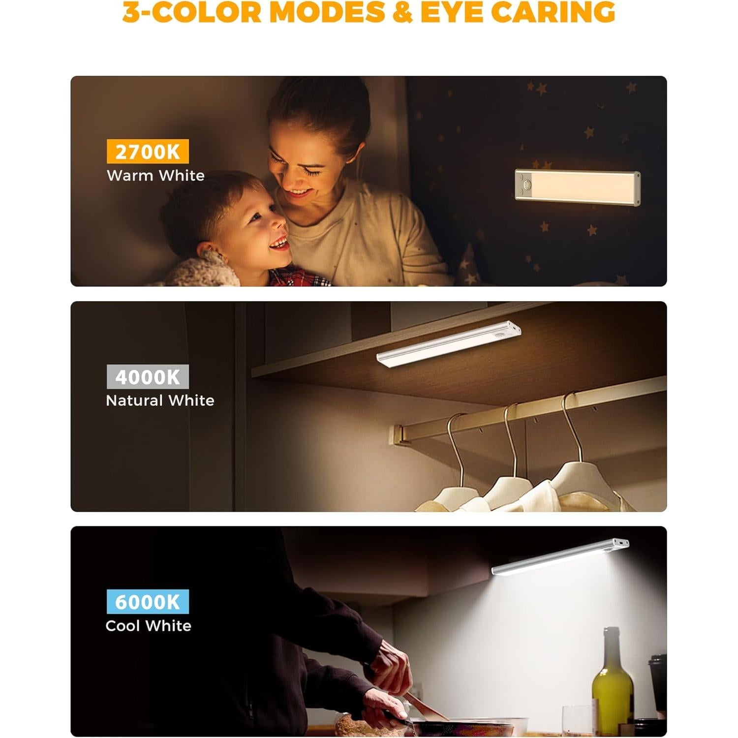 ASOKO Luz Bajo Gabinete LED Sensor Movimiento 3 Colores USB-C