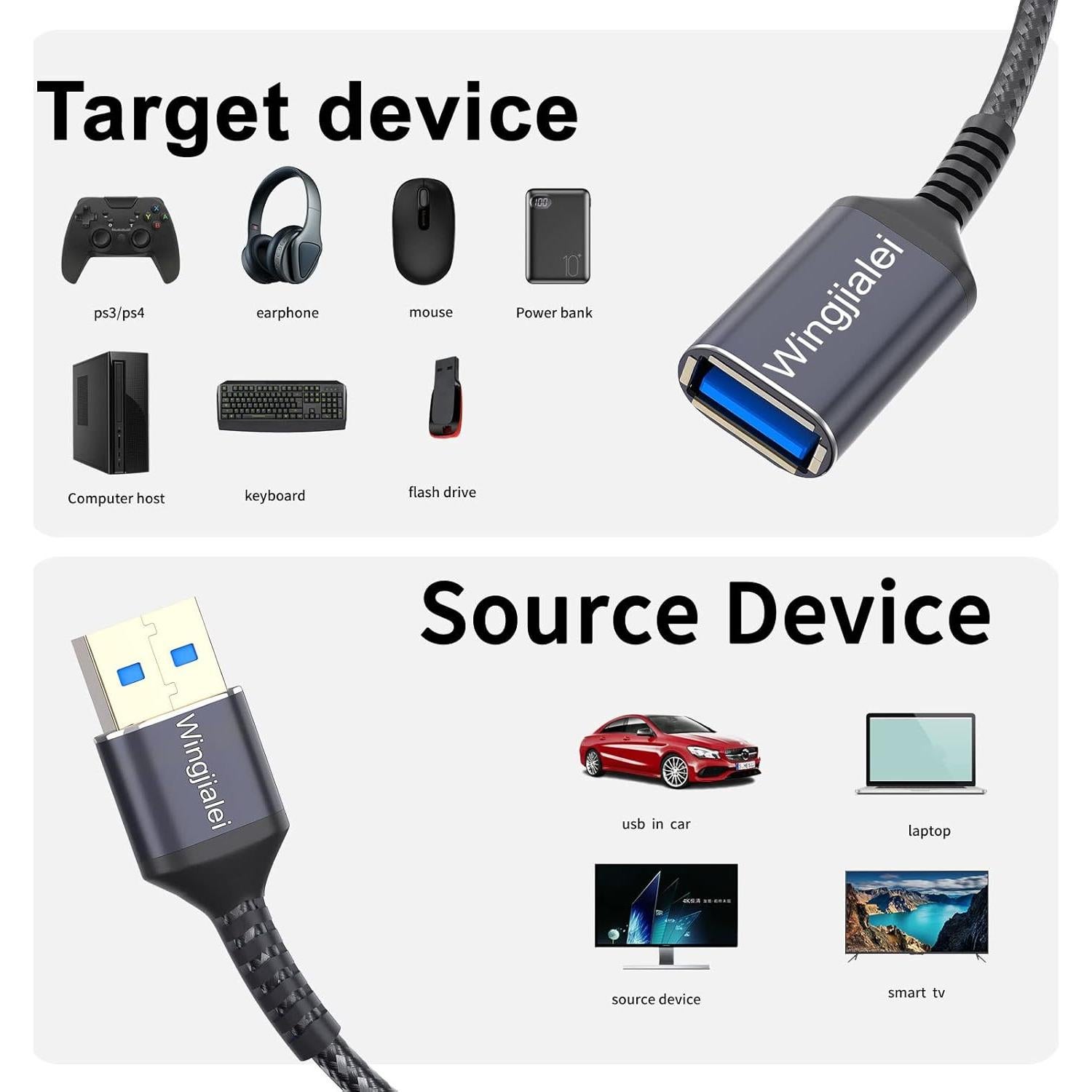 Cable de Extensión USB 3.0 Wingjialei 0.61m Macho a Hembra