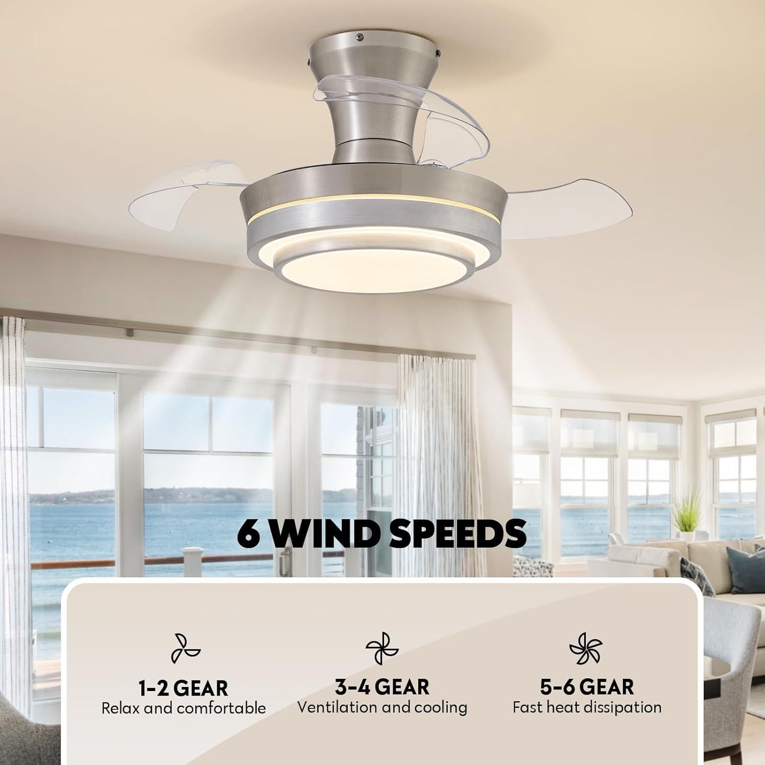 Ventilador de Techo LED Retráctil APBEAM 71.1 cm Plata con Control Remoto