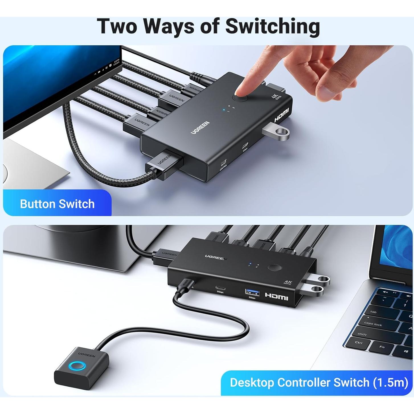 UGREEN Interruptor KVM HDMI 1 Monitor 2 PCs 4 USB 3.0 4K