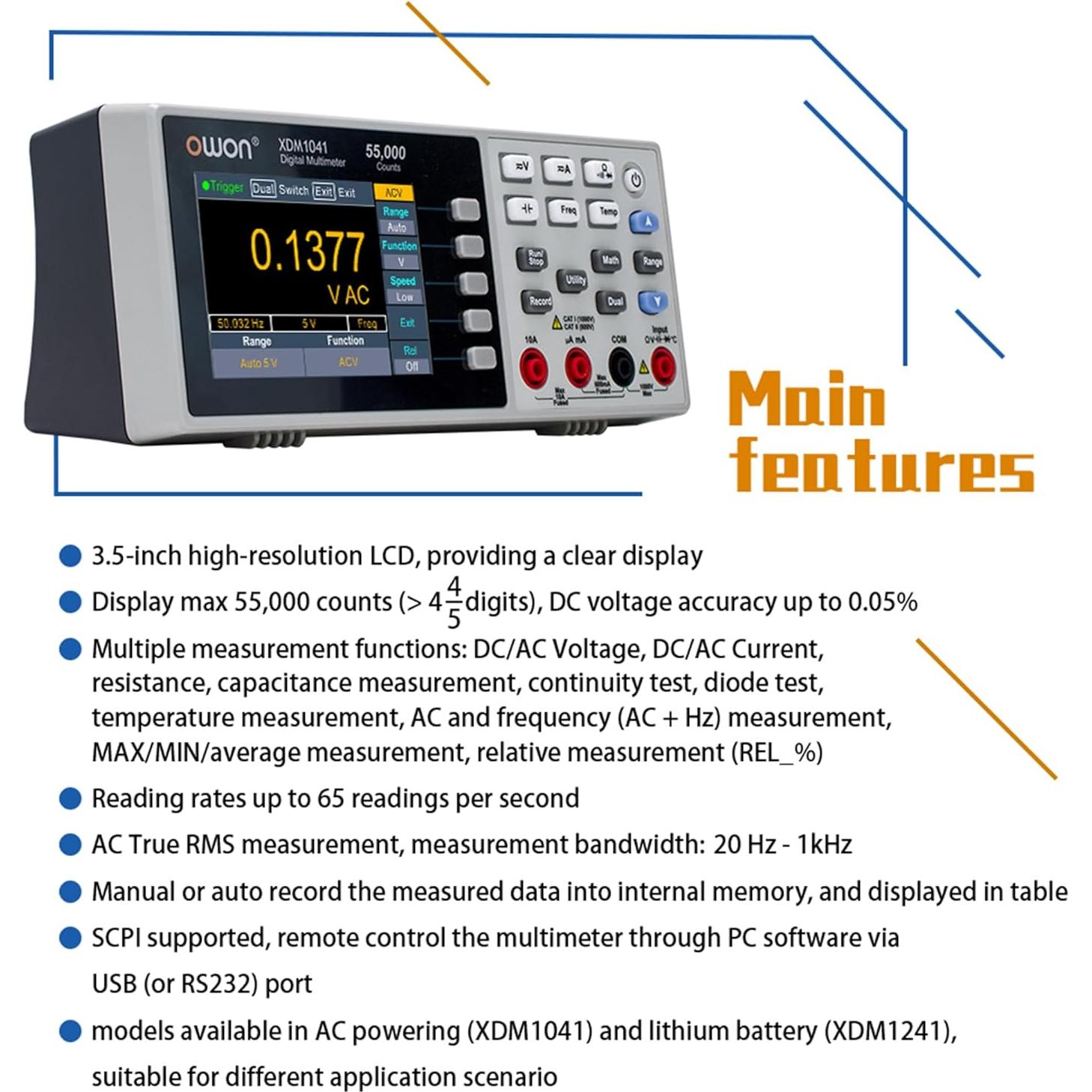 Multímetro Digital Owon XDM1041, 1000V, 10A, Pantalla LCD 3.5"
