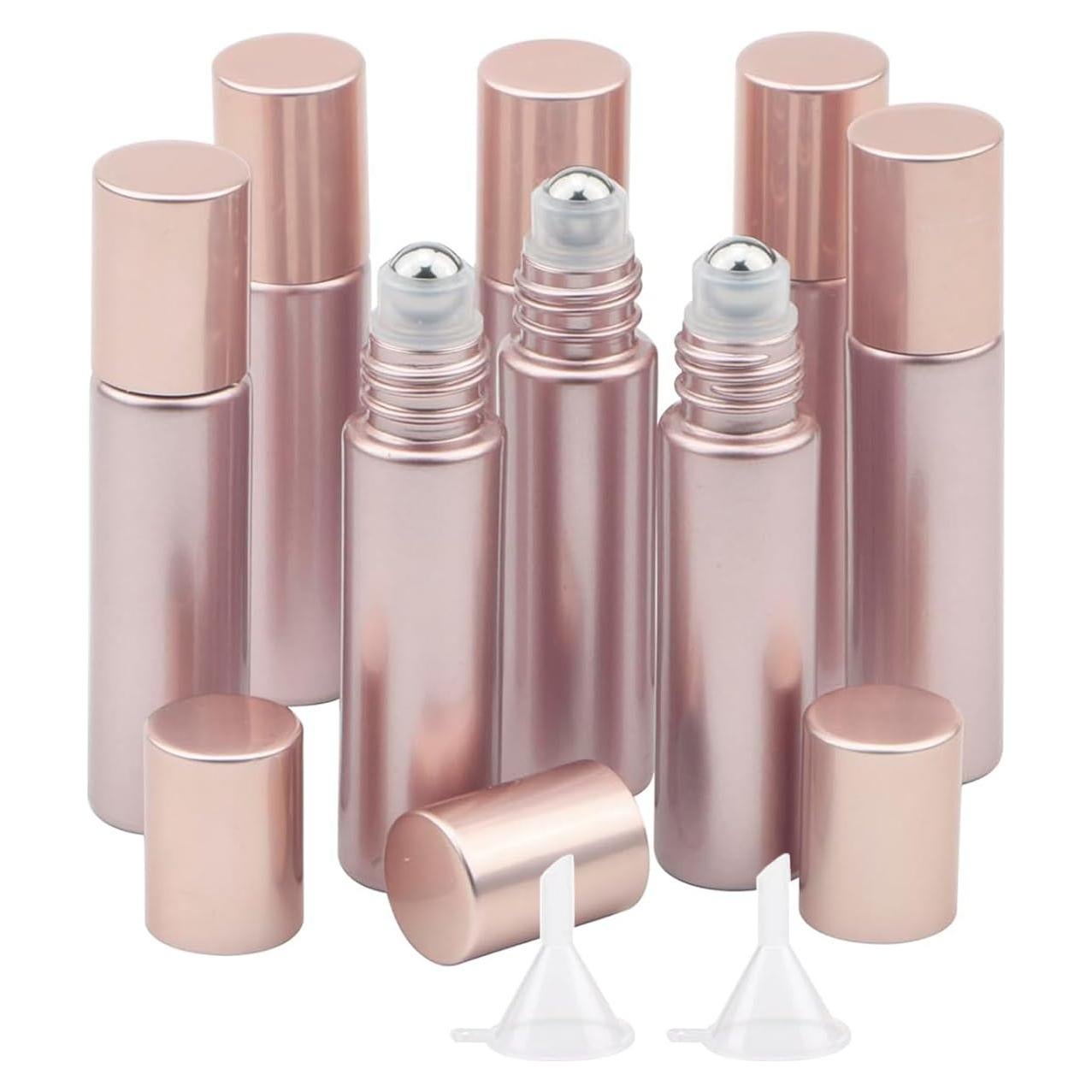 8 Botellas de Vidrio con Rodillo 10ml Newzoll Rosa Oro Mate
