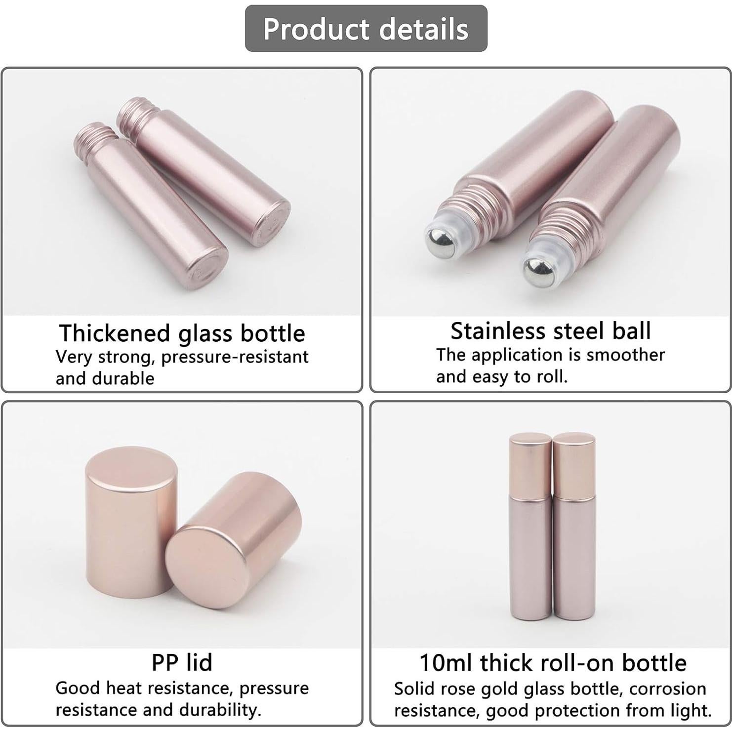 8 Botellas de Vidrio con Rodillo 10ml Newzoll Rosa Oro Mate