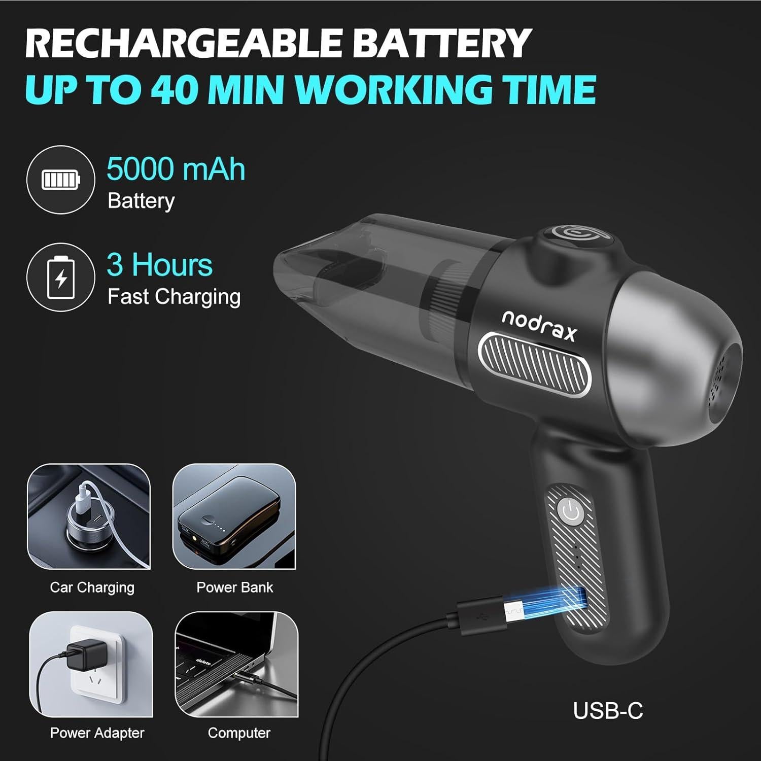 Aspiradora de Mano Nodrax Cyclone-Pro Inalámbrica 12000Pa