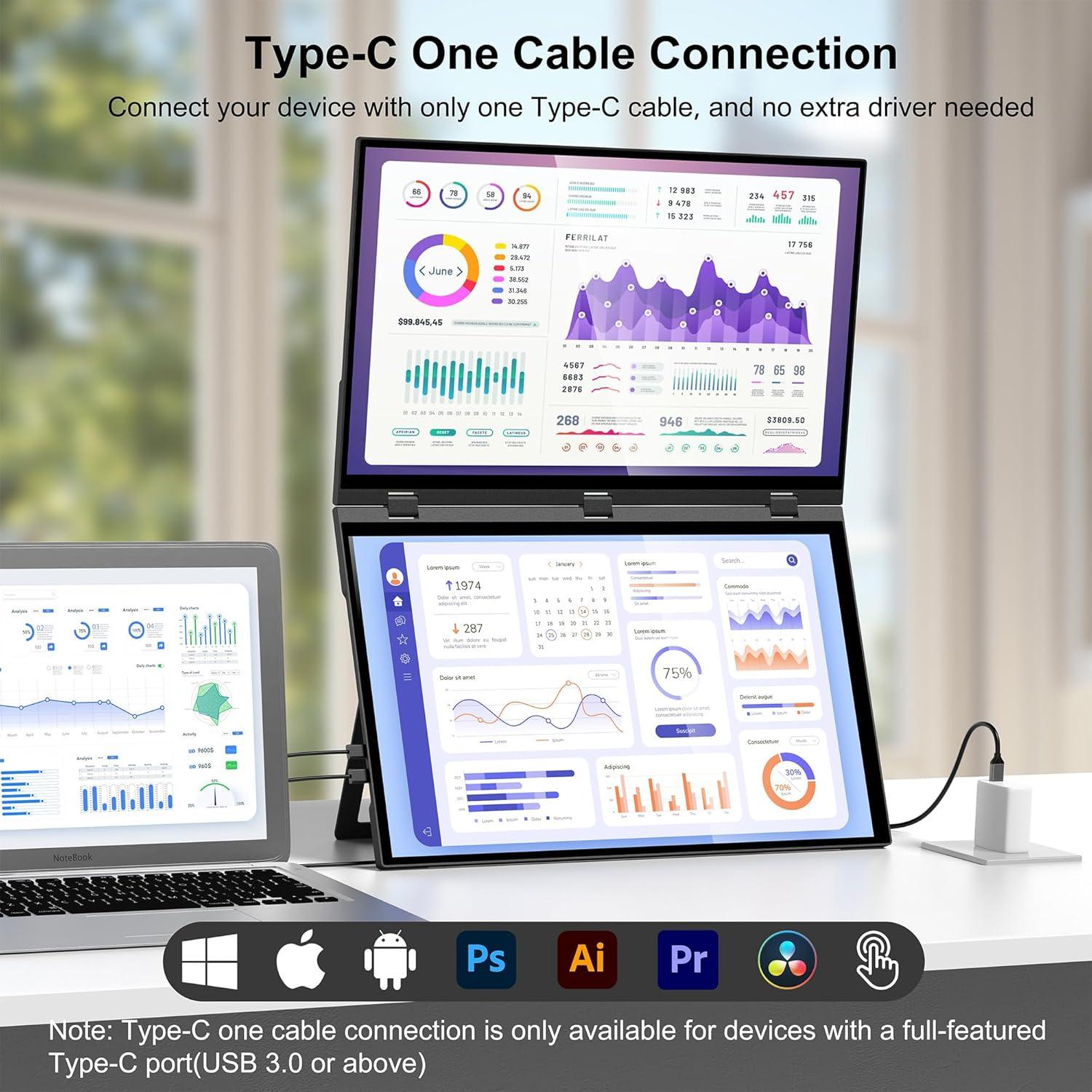 Monitor Portátil Wisecoco 18.5'' FHD 1080P USB-C HDMI