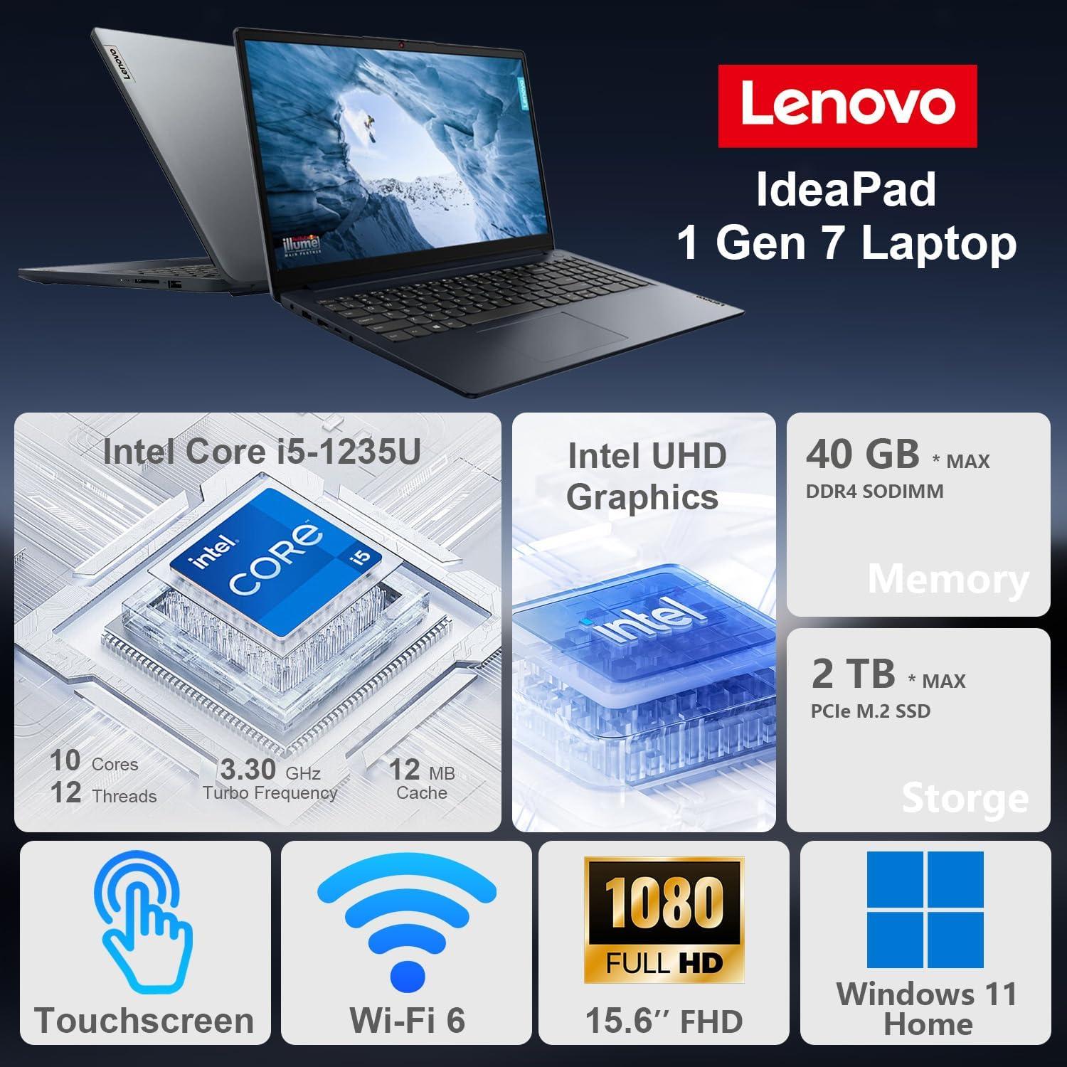 Laptop Lenovo IdeaPad 1i, 15.6" Táctil FHD, Intel i5, 24GB RAM, 1TB SSD, Azul